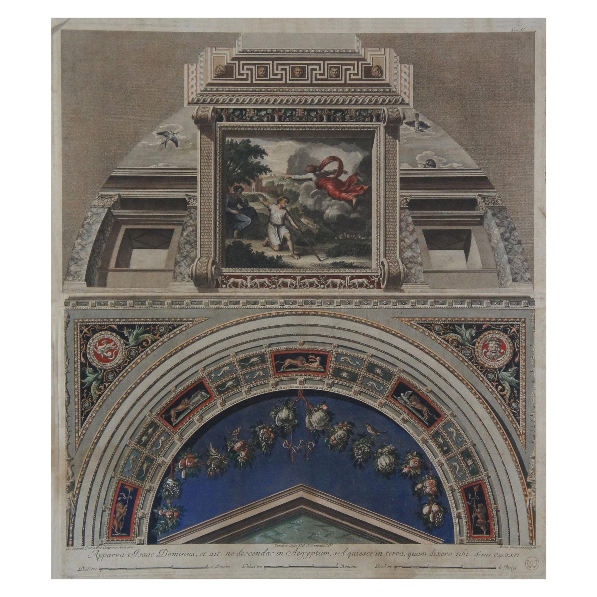 19th Century Polychrome Engraving Johan Ottaviani Logge di Rafaele Nel Vaticano For Sale