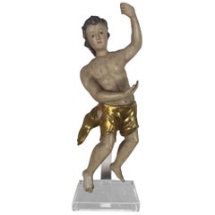 19th Century Polychrome Giltwood Putti Sculpture, Distressed Finish
