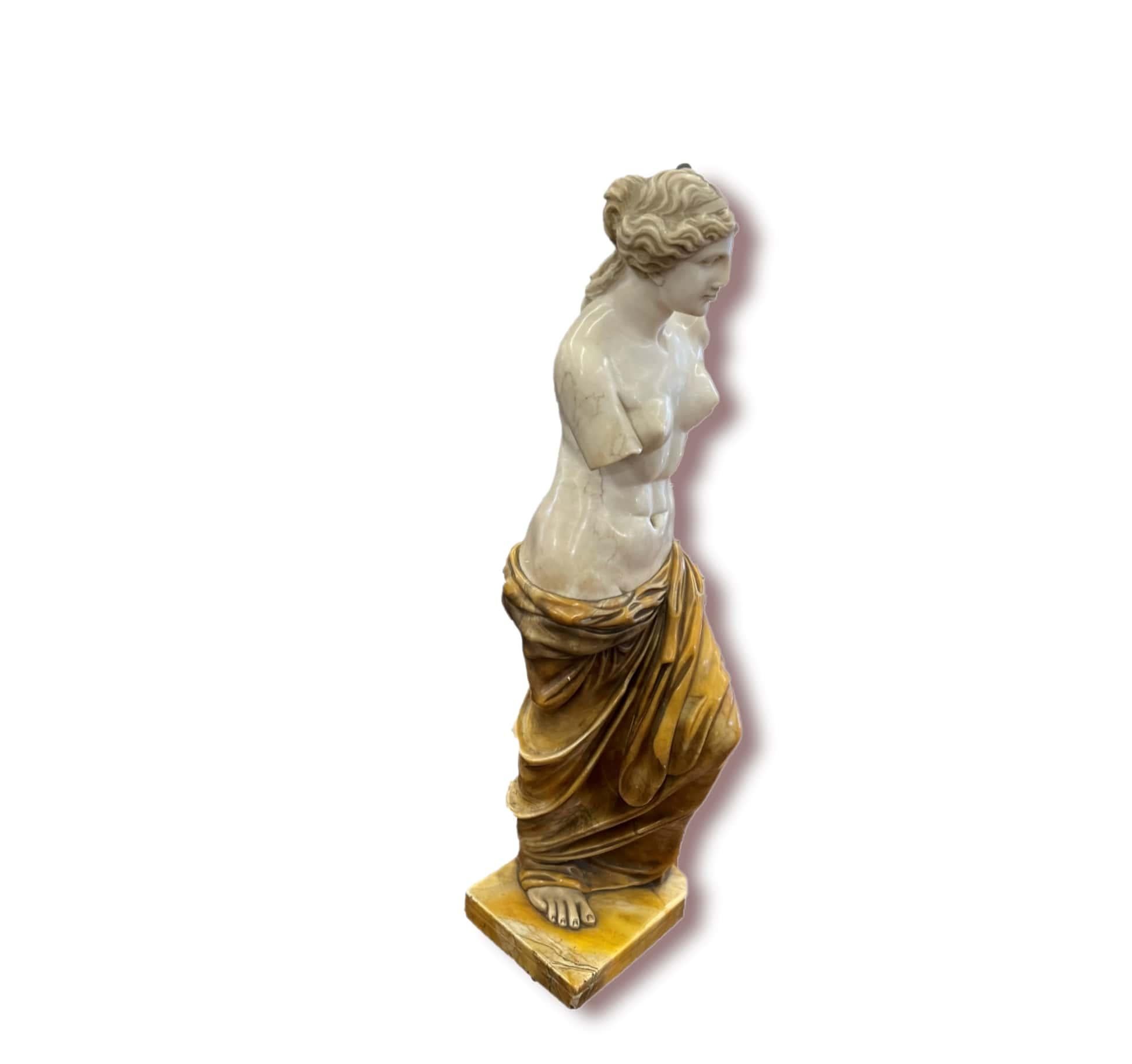 Precious neoclassical marble sculpture. Made of white statuary marble and ancient yellow marble. Finely carved in every detail. Important representation of the well-known Aphrodite of Milo, better known as Venus de Milo.

Italian origin,