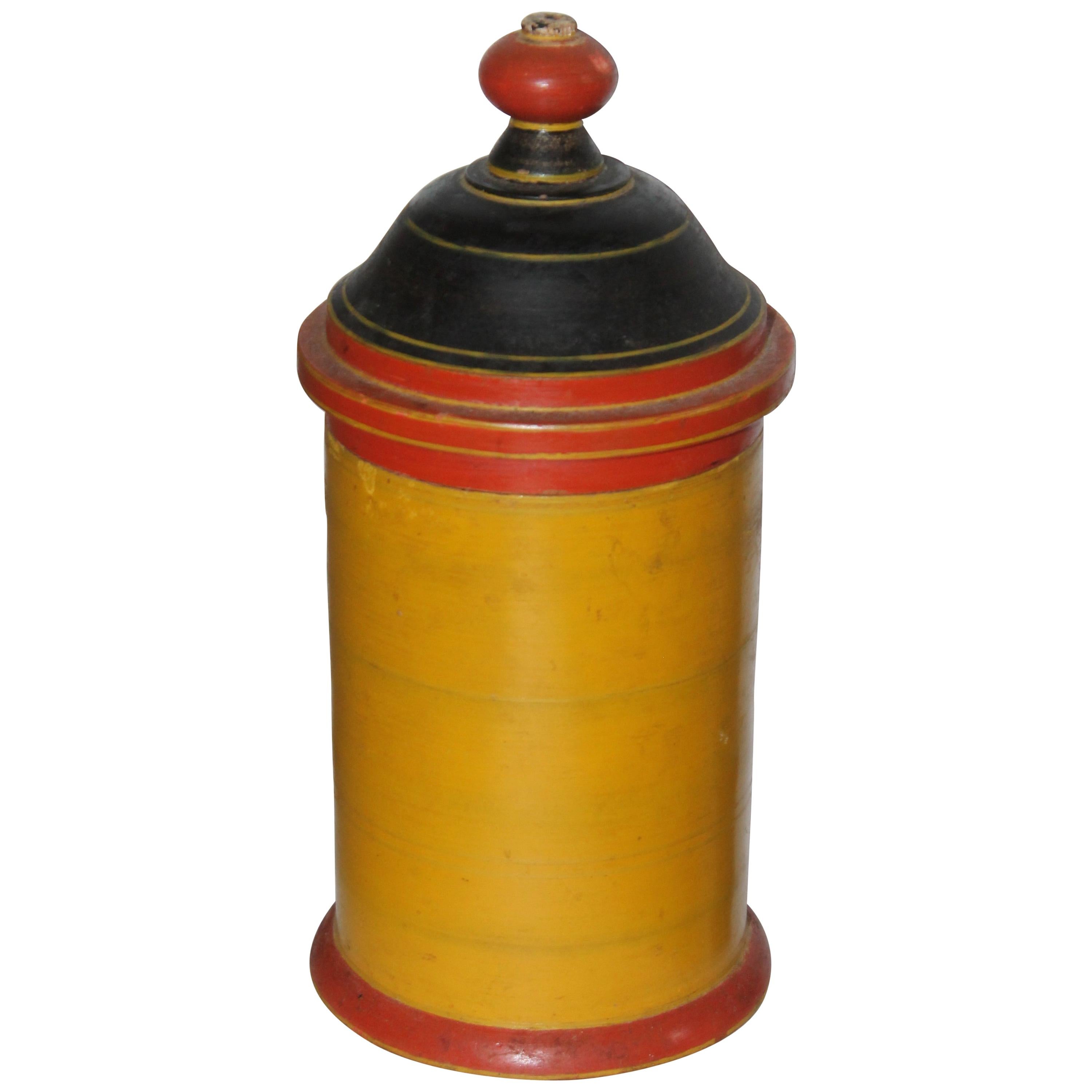 19th Century Polychrome Painted Hand Carved Wood Canister