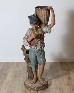 19th Century Polychrome Painted Metal Figure of a Boy with Basket