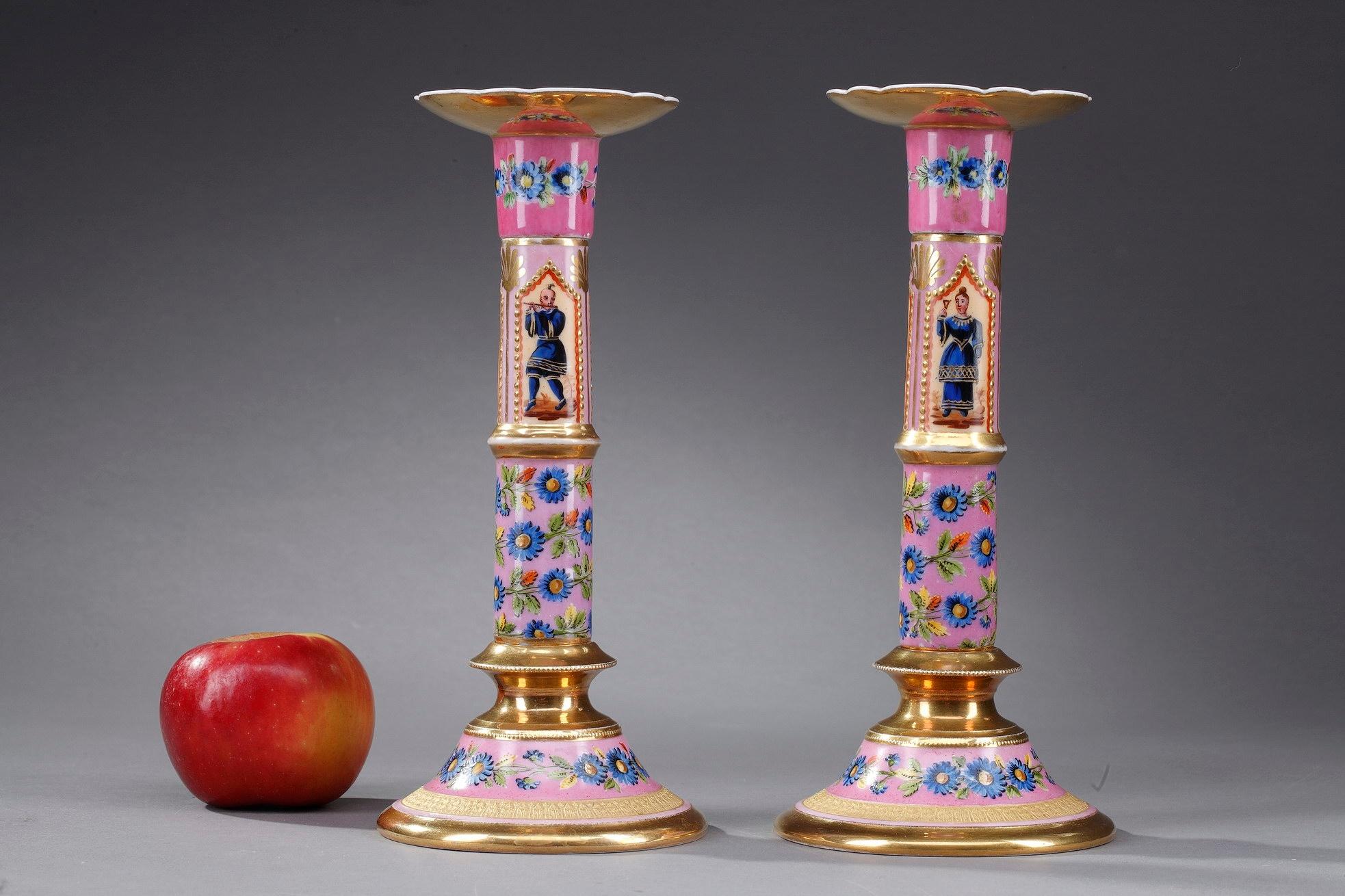 Restauration 19th Century Polychrome Porcelain Candlesticks, Set of 2