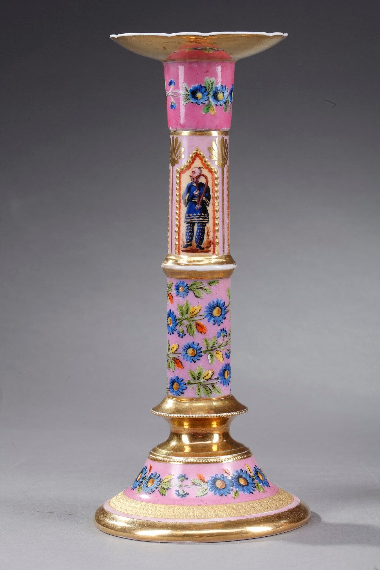 Hand-Painted 19th Century Polychrome Porcelain Candlesticks, Set of 2