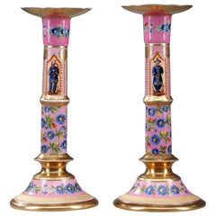 19th Century Polychrome Porcelain Candlesticks, Set of 2