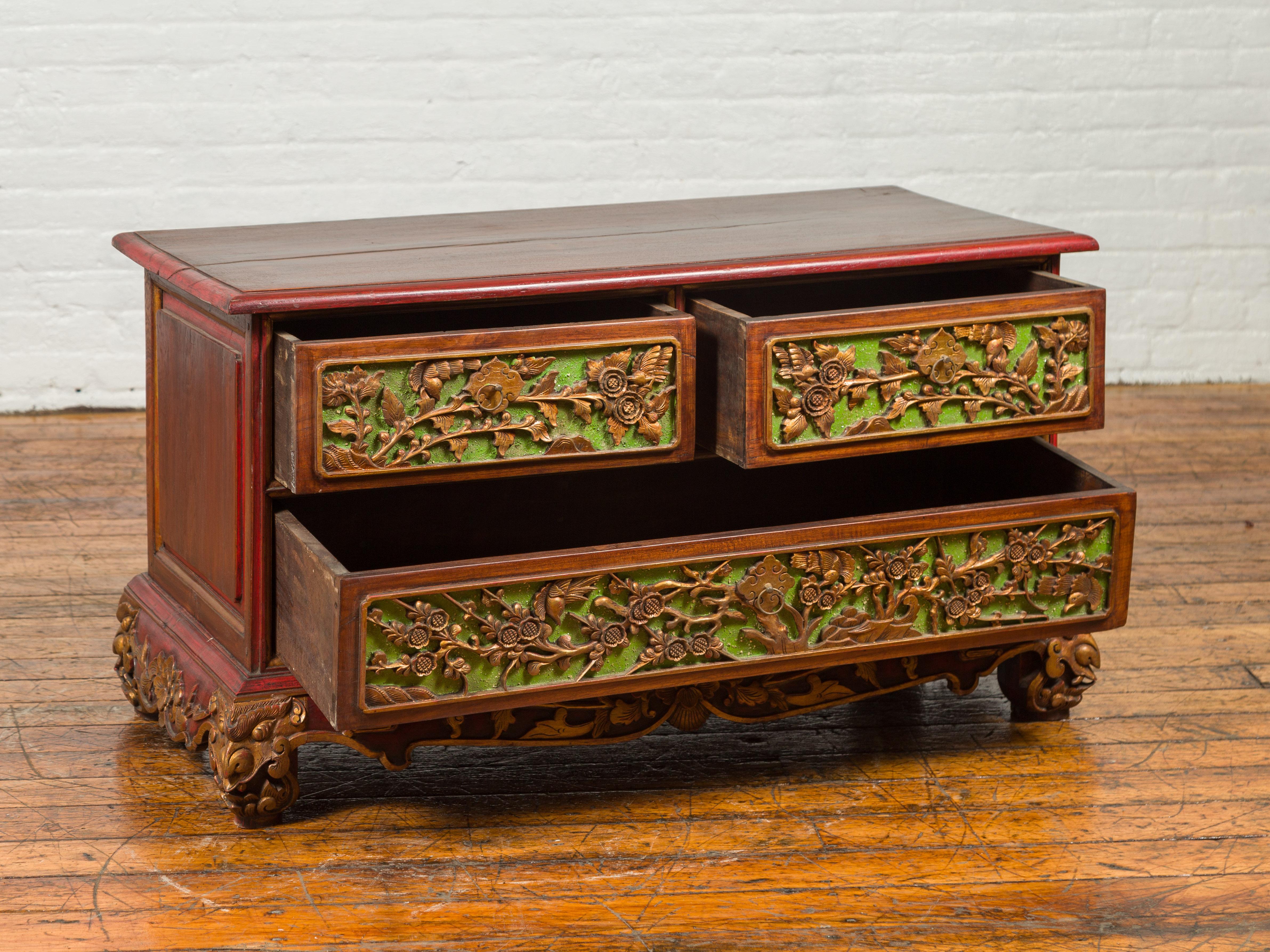 19th Century Polychrome Three-Drawer Chest from Madura with Carved Floral Motifs For Sale 8