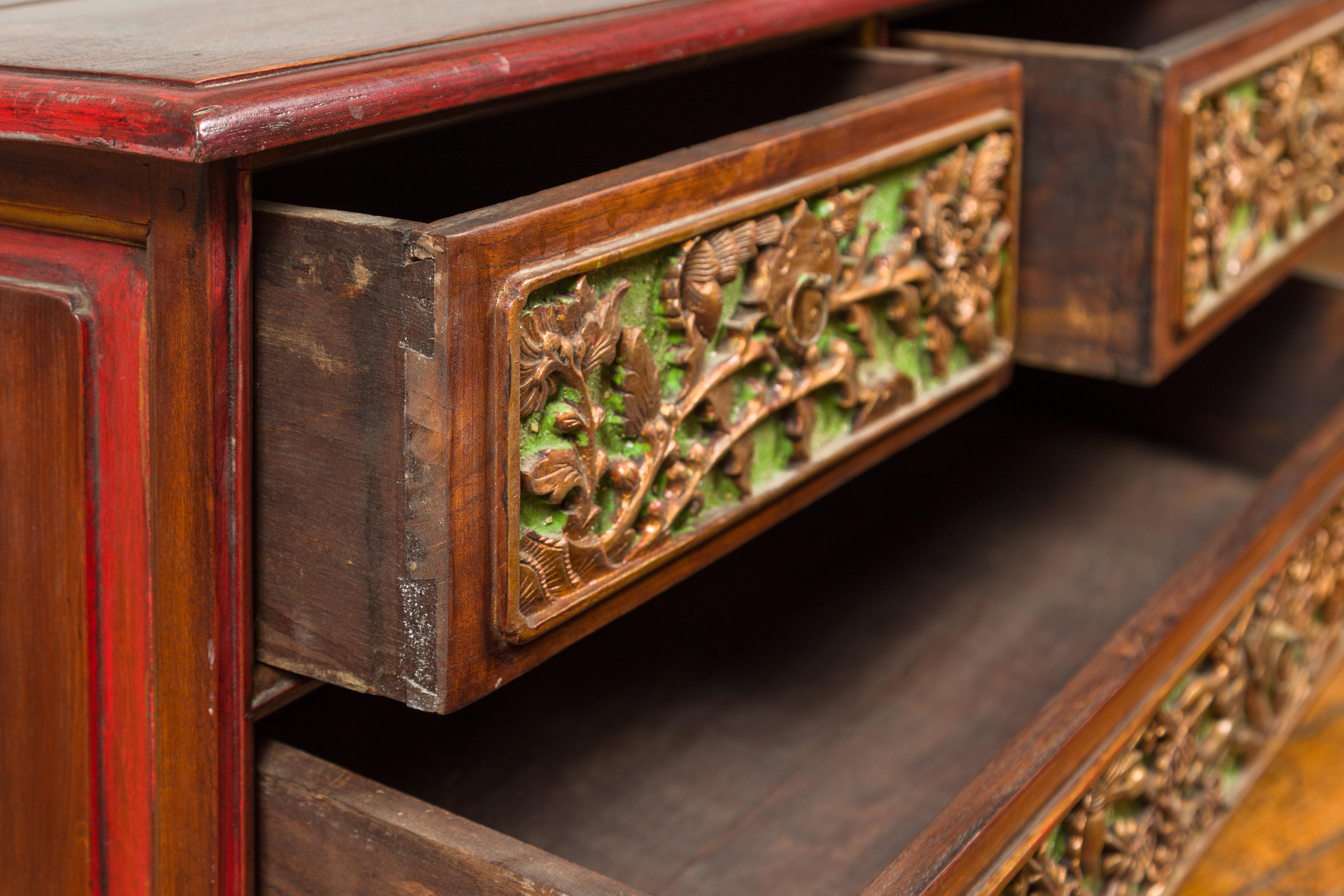 19th Century Polychrome Three-Drawer Chest from Madura with Carved Floral Motifs For Sale 9