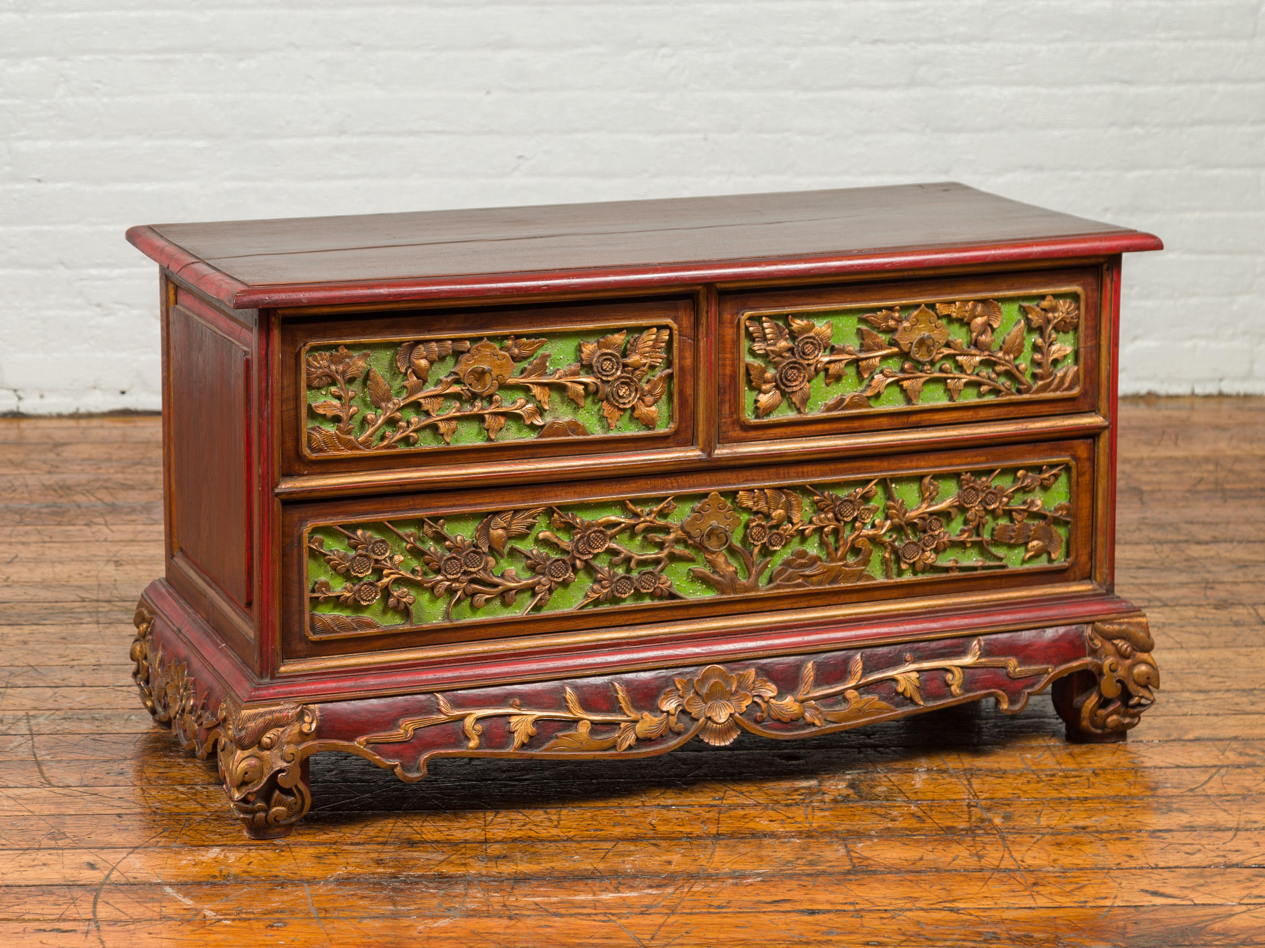 Indonesian 19th Century Polychrome Three-Drawer Chest from Madura with Carved Floral Motifs For Sale