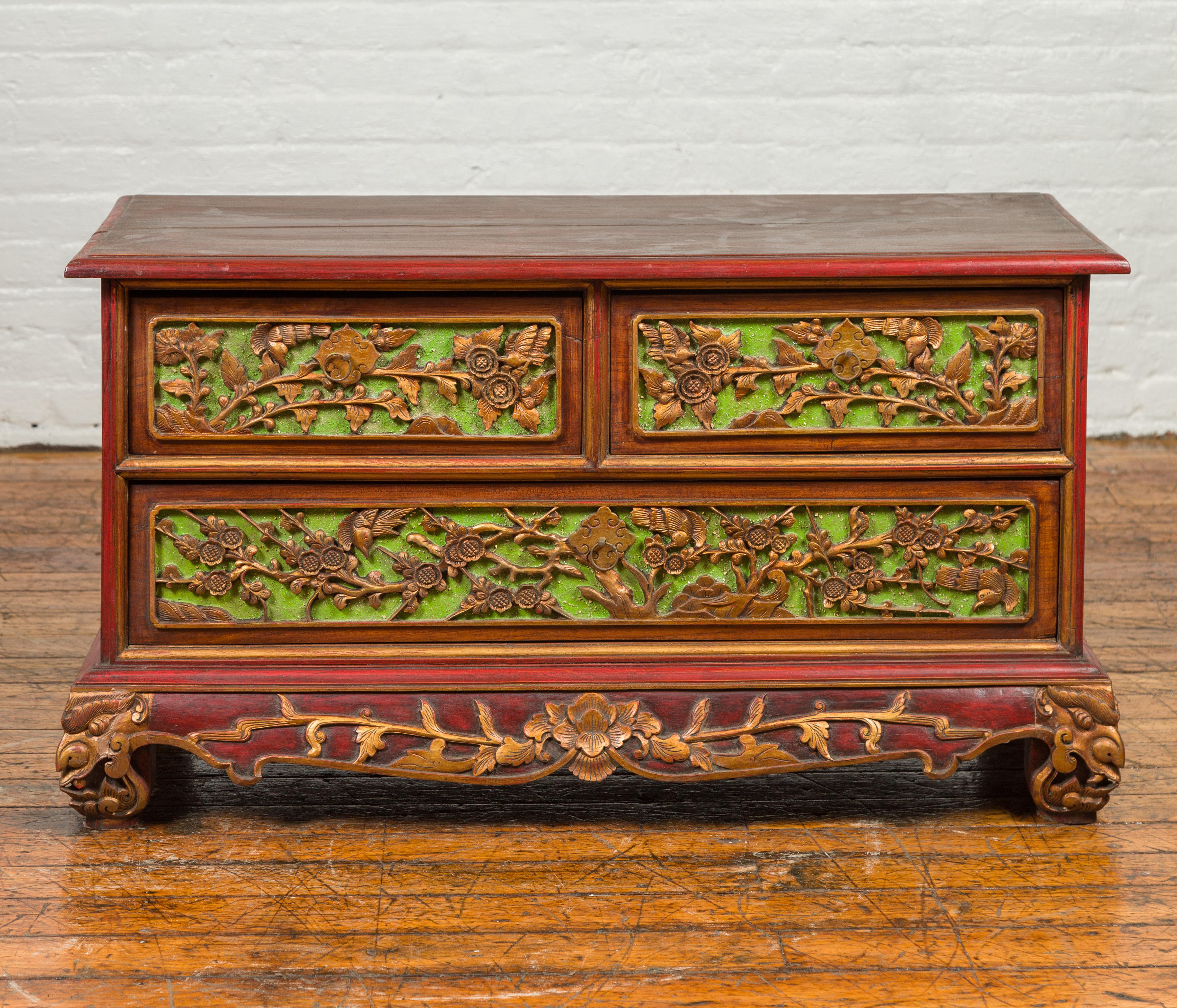 Wood 19th Century Polychrome Three-Drawer Chest from Madura with Carved Floral Motifs For Sale