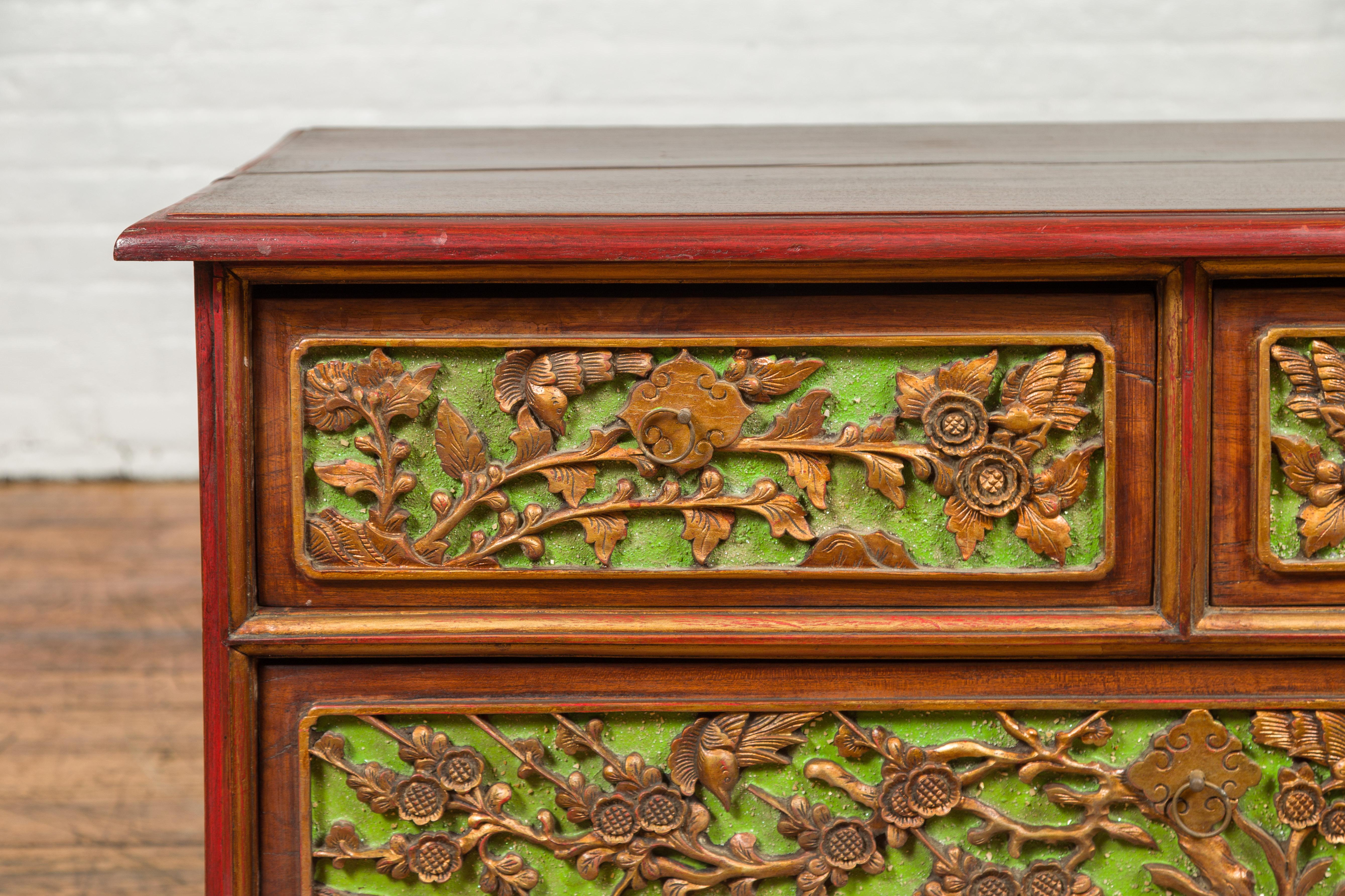 19th Century Polychrome Three-Drawer Chest from Madura with Carved Floral Motifs For Sale 1