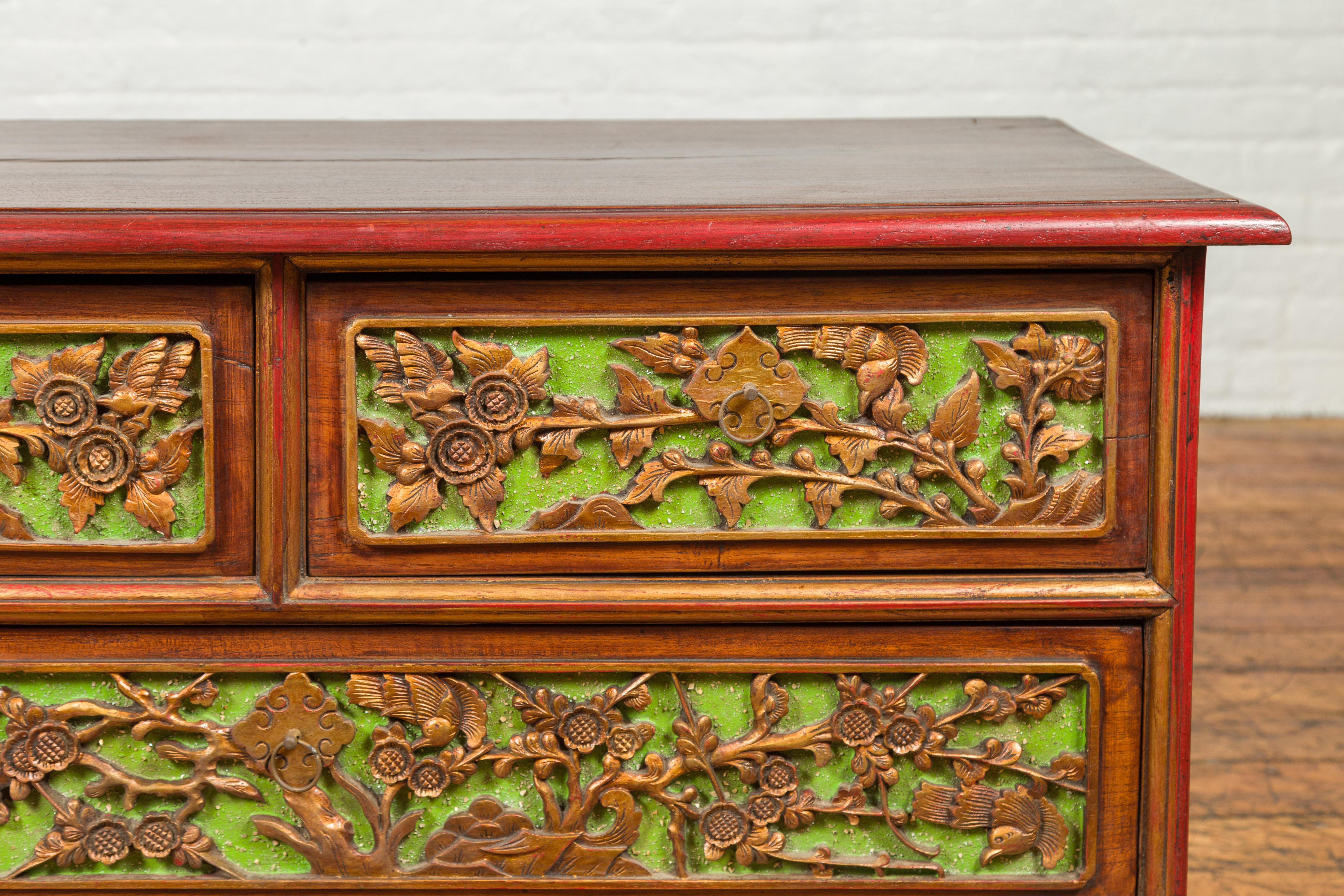 19th Century Polychrome Three-Drawer Chest from Madura with Carved Floral Motifs For Sale 2