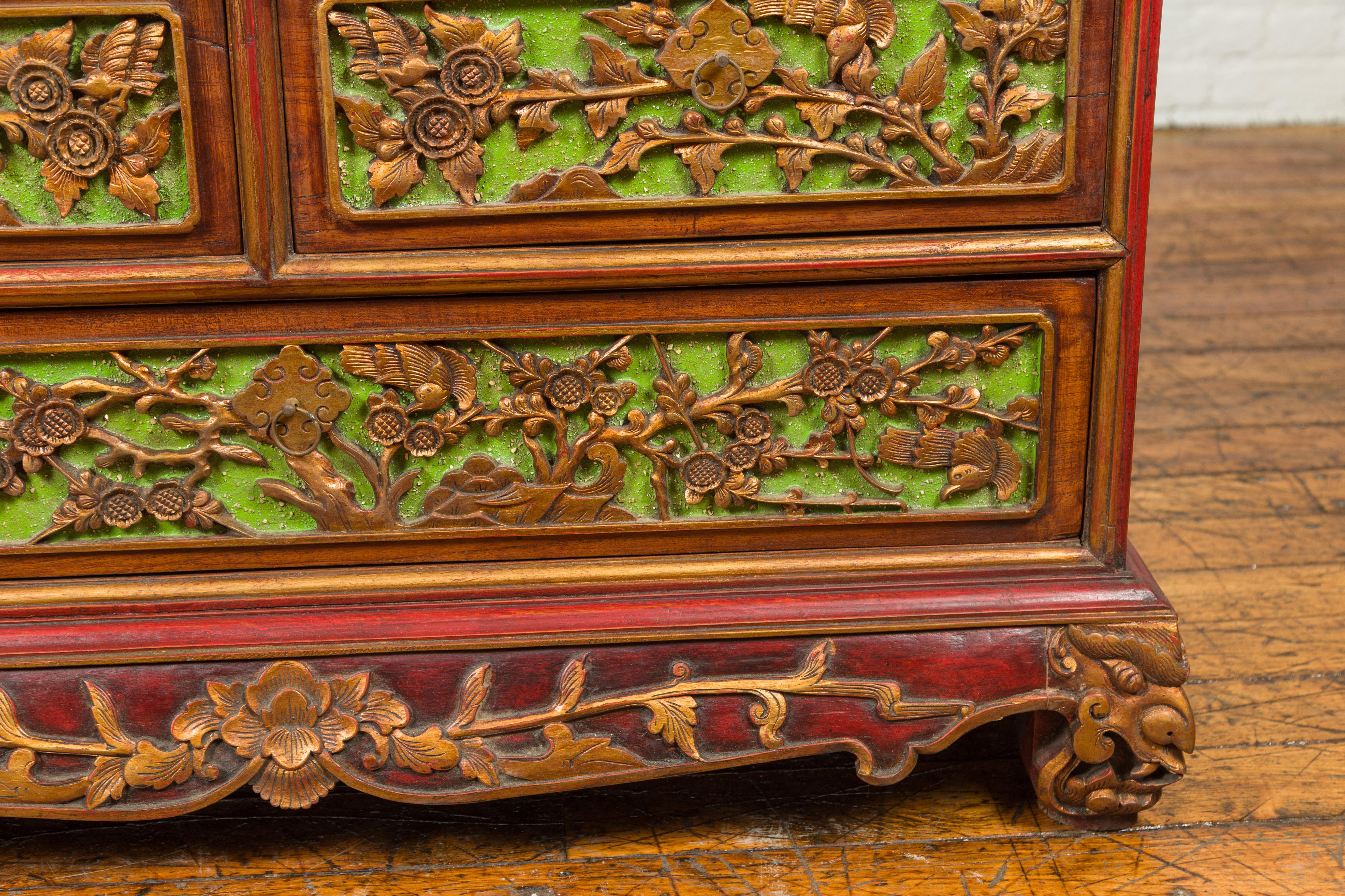 19th Century Polychrome Three-Drawer Chest from Madura with Carved Floral Motifs For Sale 4