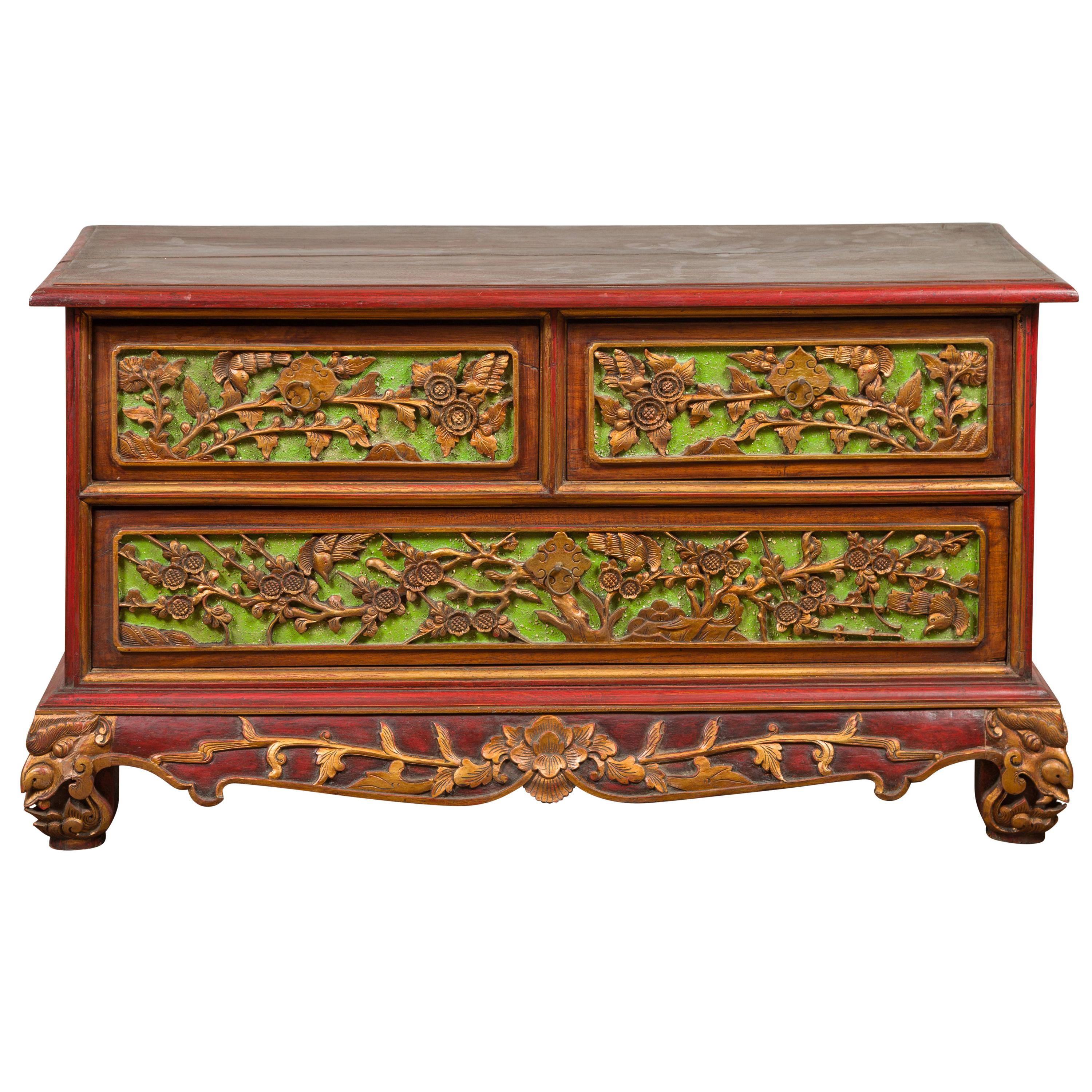 19th Century Polychrome Three-Drawer Chest from Madura with Carved Floral Motifs For Sale