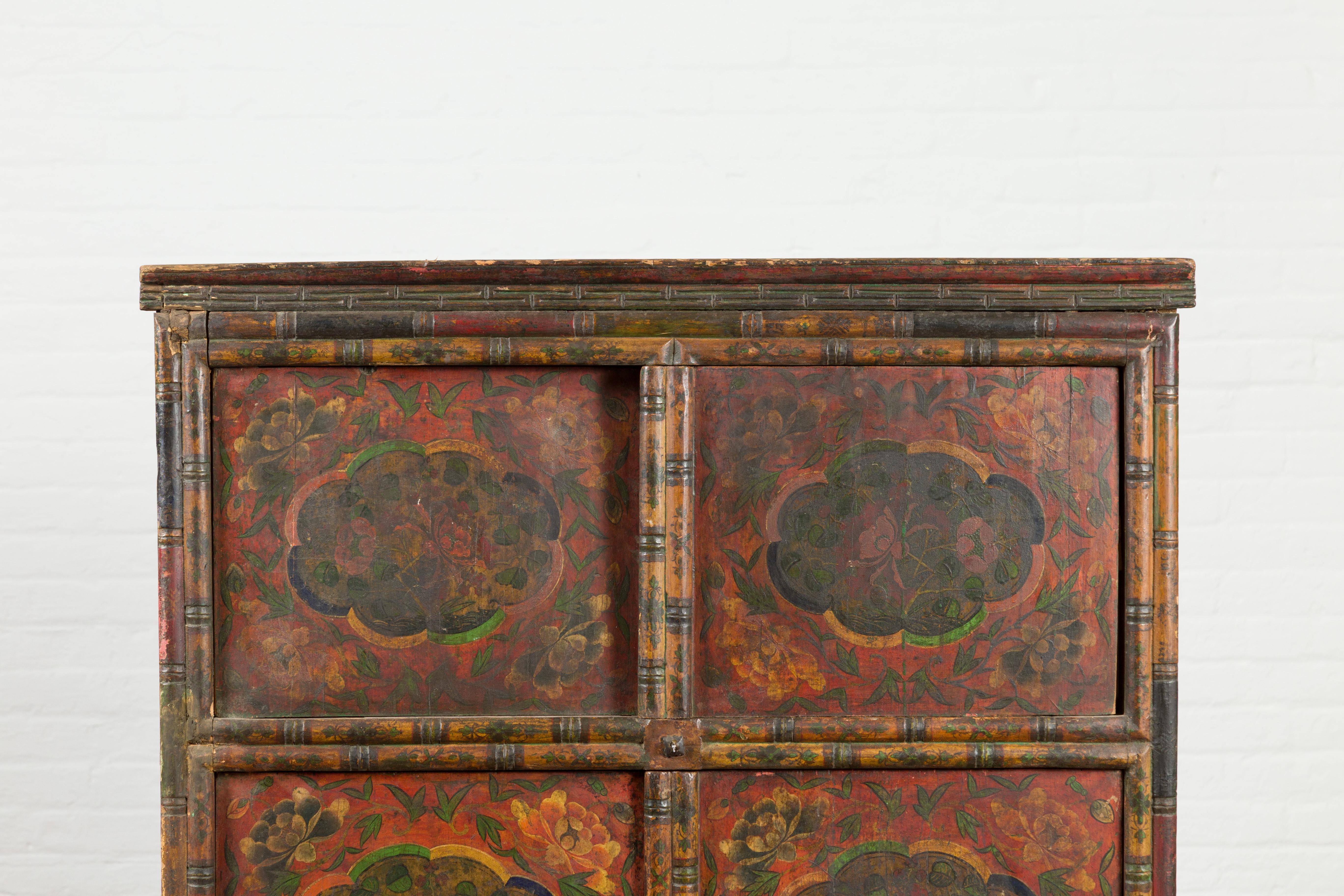 19th Century Polychrome Tibetan Cabinet with Double Doors and Painted Cartouches For Sale 1