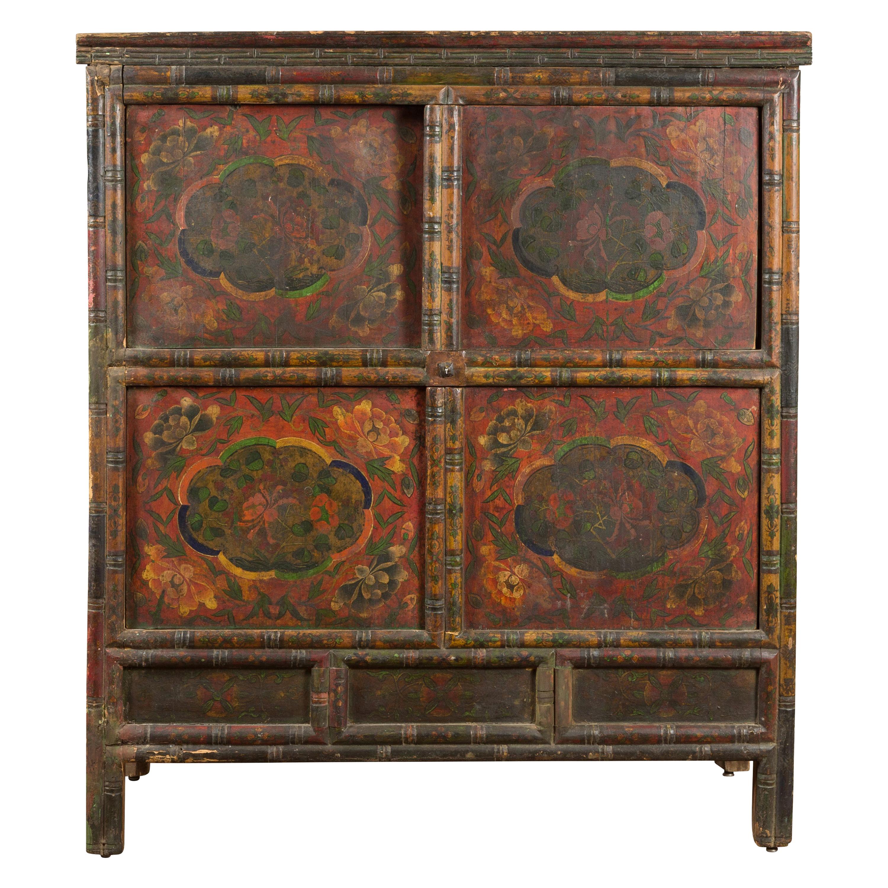 19th Century Polychrome Tibetan Cabinet with Double Doors and Painted Cartouches For Sale