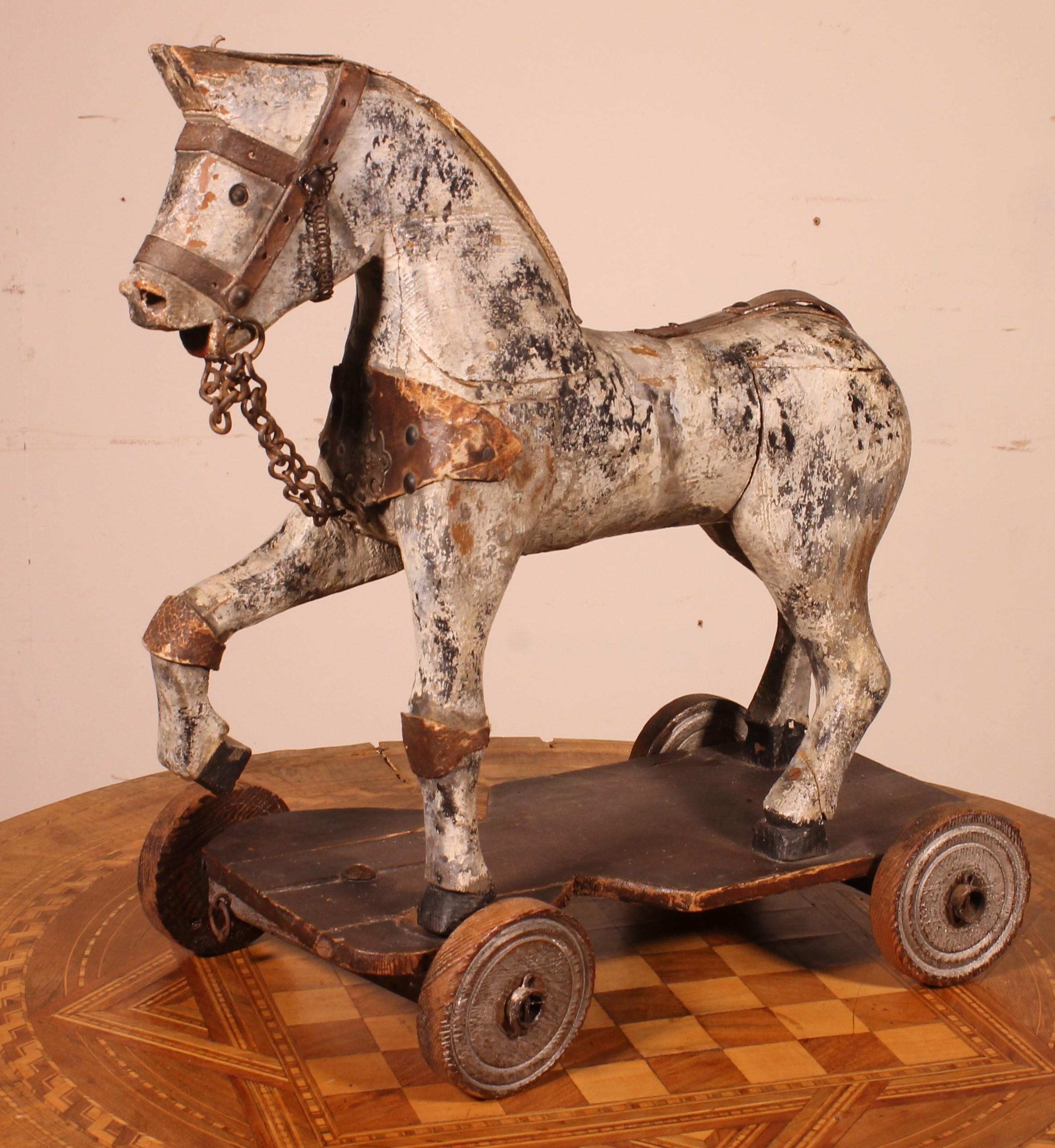 19th Century Polychrome Wooden Horse In Fair Condition For Sale In Brussels, Brussels