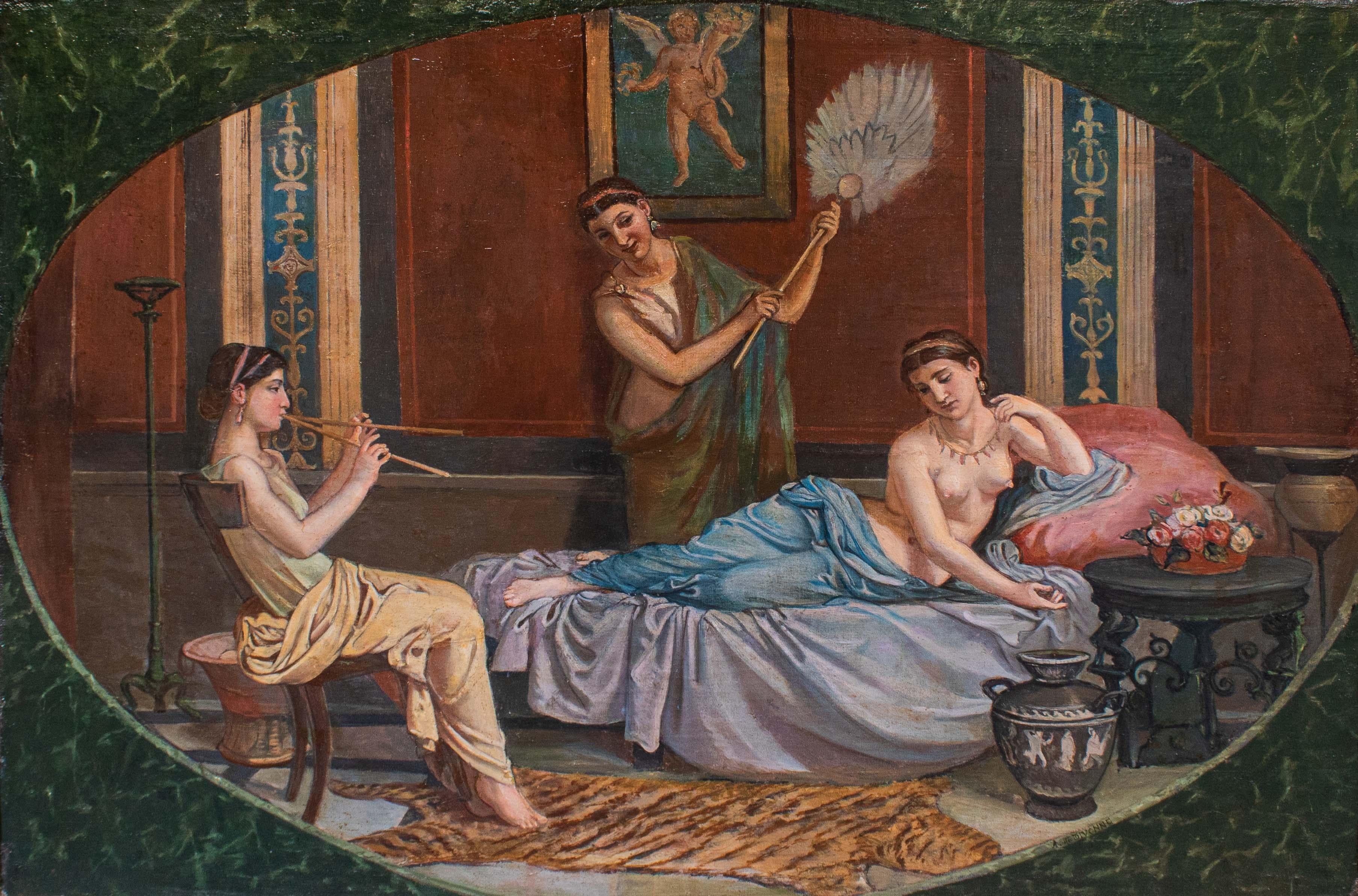19th Century
Pompeian genre scene
Oil on canvas, 73.5 x 104 cm - with frame 87 x 118 cm

The work in question depicts an interior scene in which a woman, half-naked and lying on a triclinium wrapped in light cloths, rests to the music of a