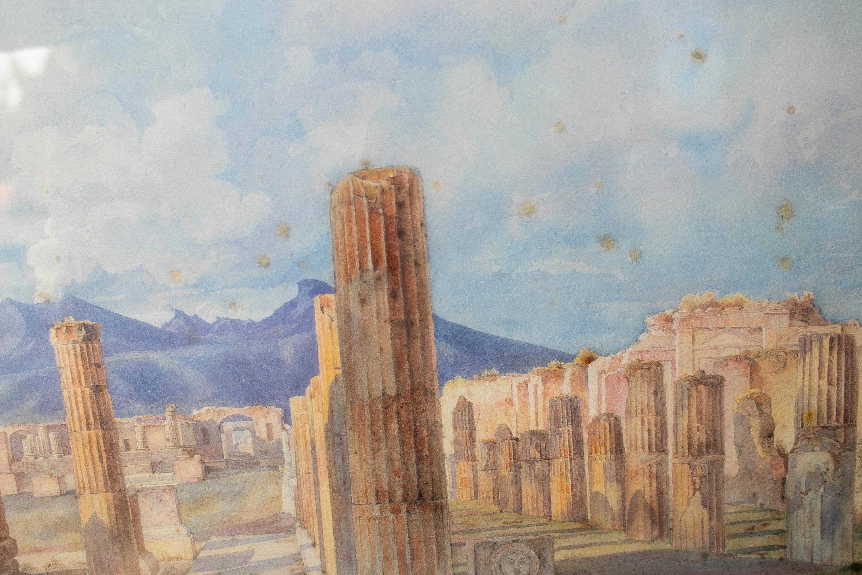 19th Century Pompeii Landscape Grand Tour Watercolour w/ Mount Vesuvius  For Sale 5