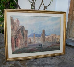 19th Century Pompeii Landscape Grand Tour Watercolour w/ Mount Vesuvius