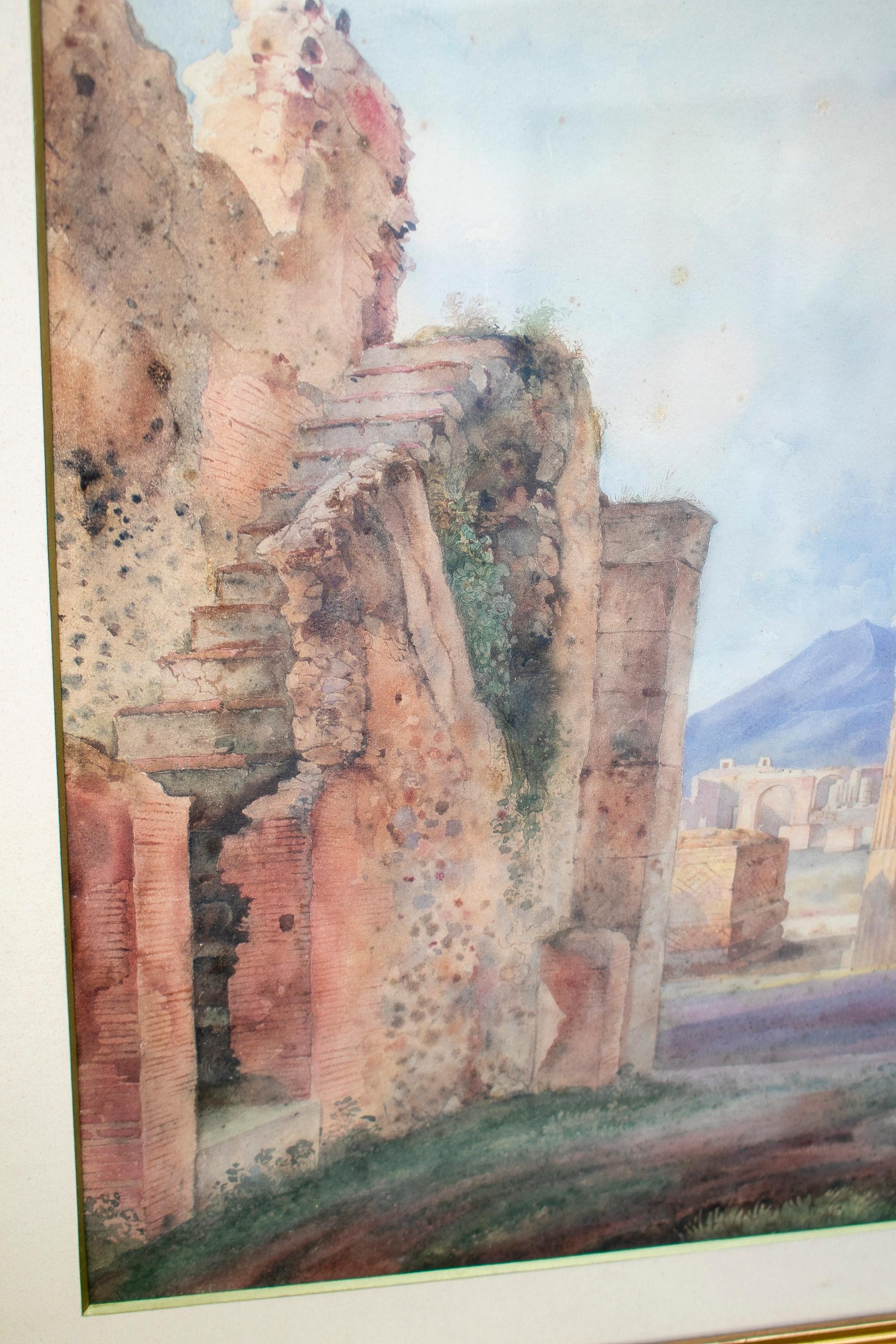 19th Century Pompeii Landscape Grand Tour Watercolour w/ Mount Vesuvius  In Good Condition For Sale In Marbella, ES