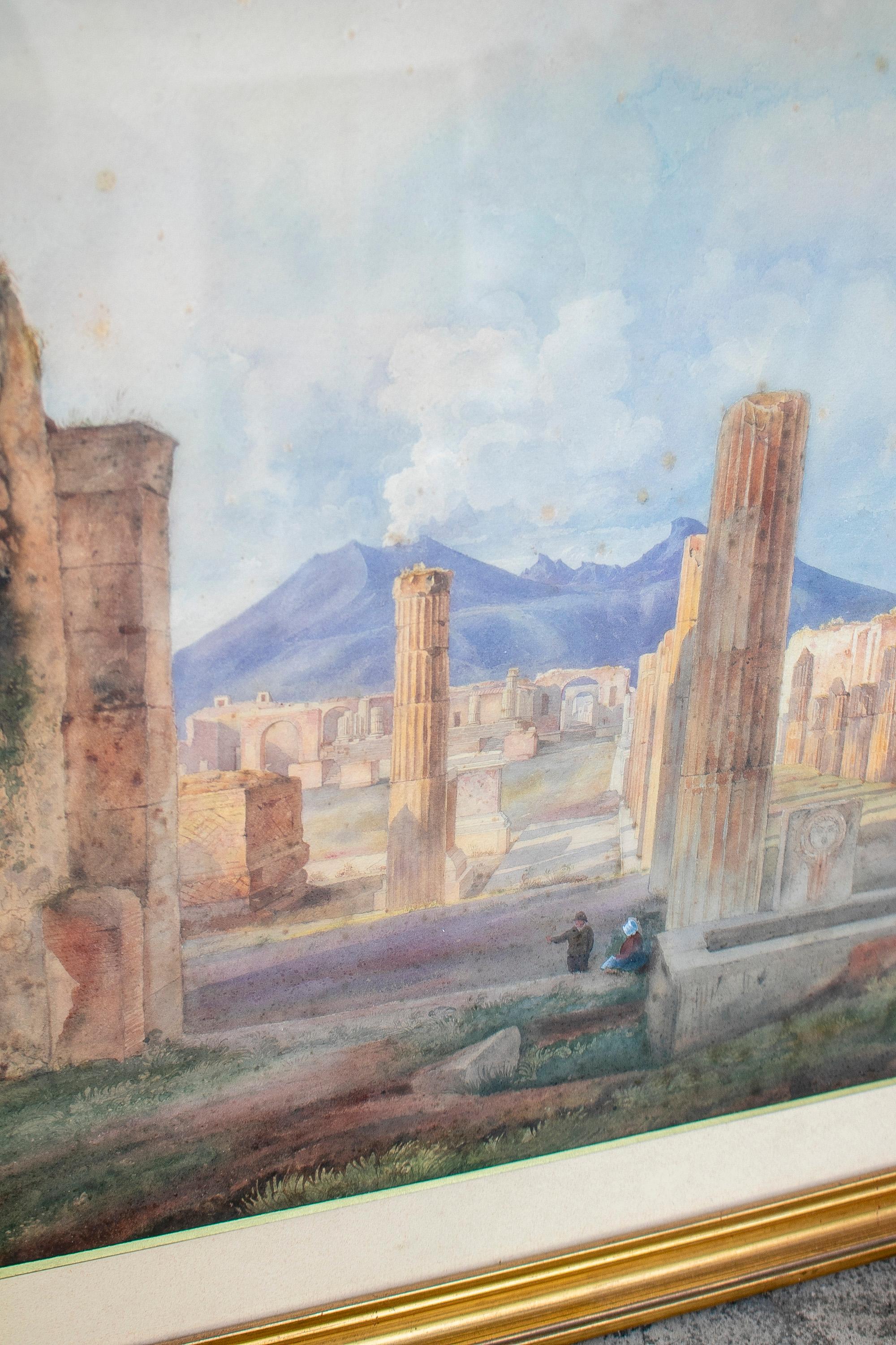 Paper 19th Century Pompeii Landscape Grand Tour Watercolour w/ Mount Vesuvius  For Sale