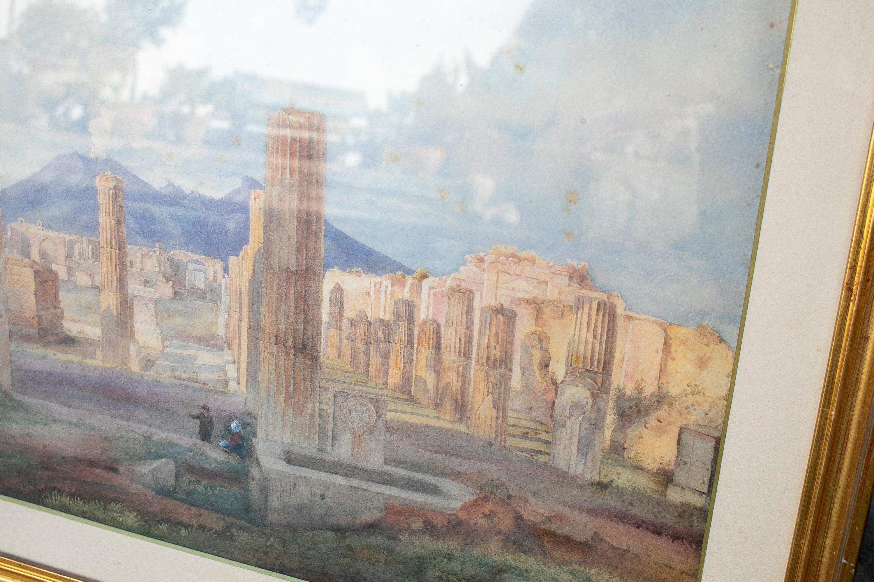 19th Century Pompeii Landscape Grand Tour Watercolour w/ Mount Vesuvius  For Sale 1