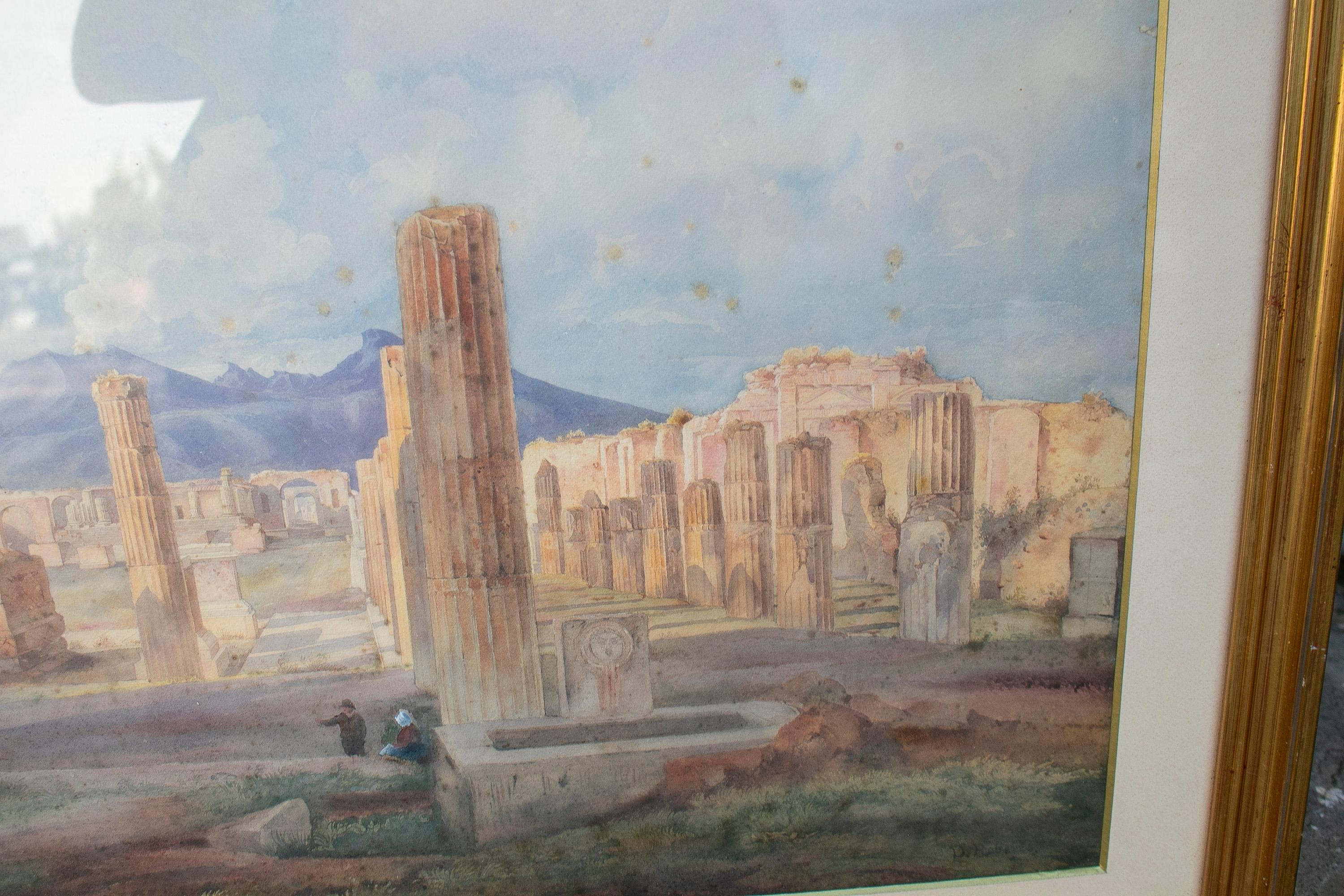 19th Century Pompeii Landscape Grand Tour Watercolour w/ Mount Vesuvius  For Sale 4