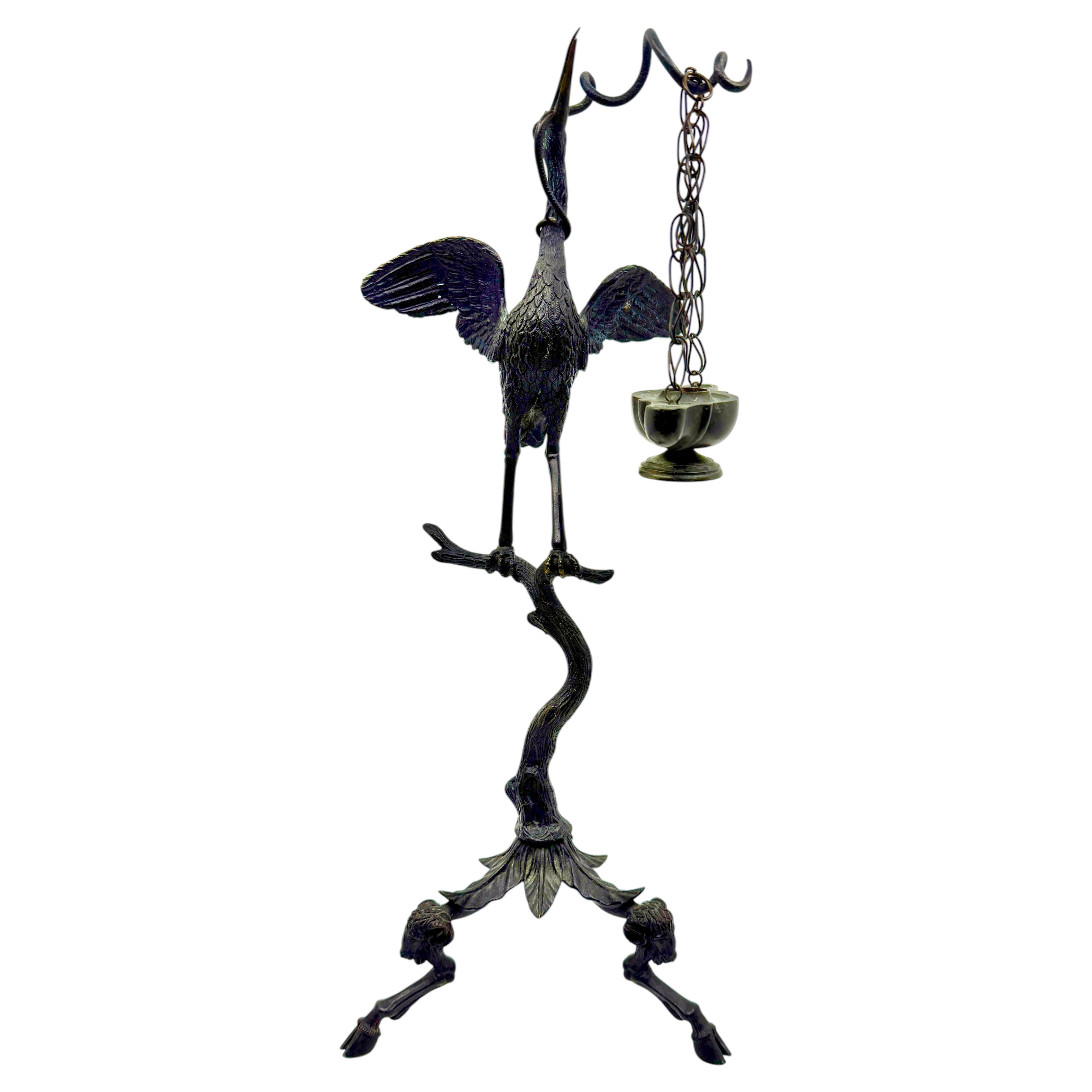 19th Century Pompeiian Bronze Neoclassical Grand Tour Souvenir Oil Lamp Heron