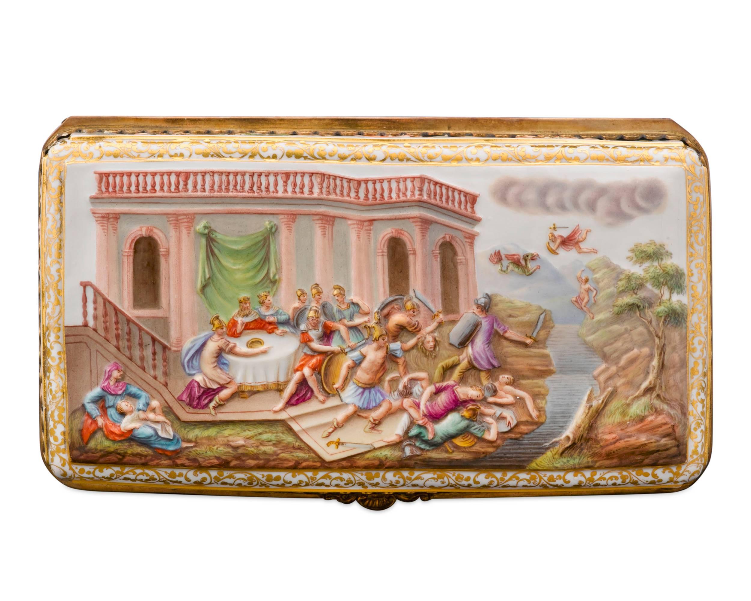 Neoclassical 19th Century Porcelain Box with Fighting Scene by Meissen