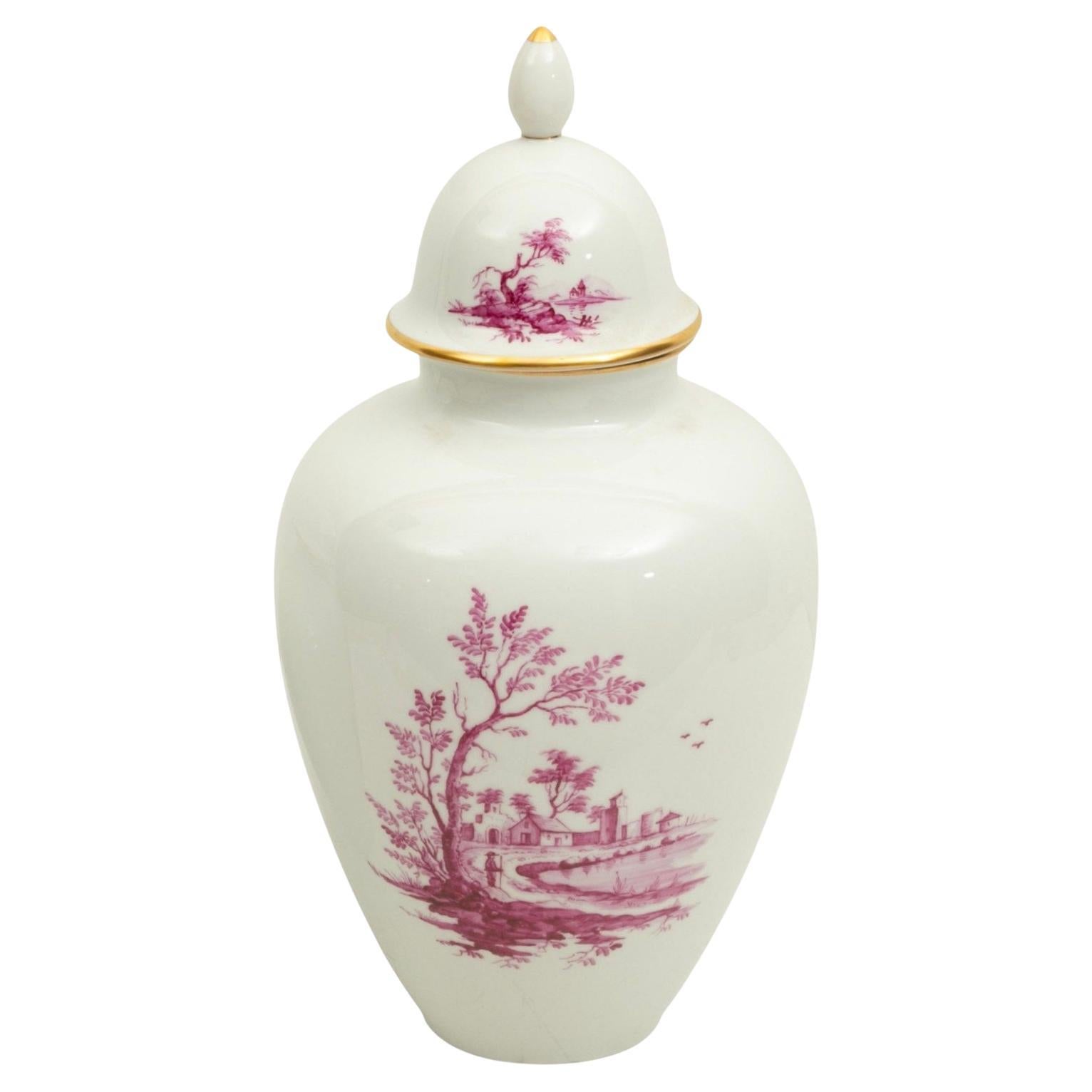 19th Century Porcelain Decorative Urn with Hand-Painted Puce Landscapes, Germany