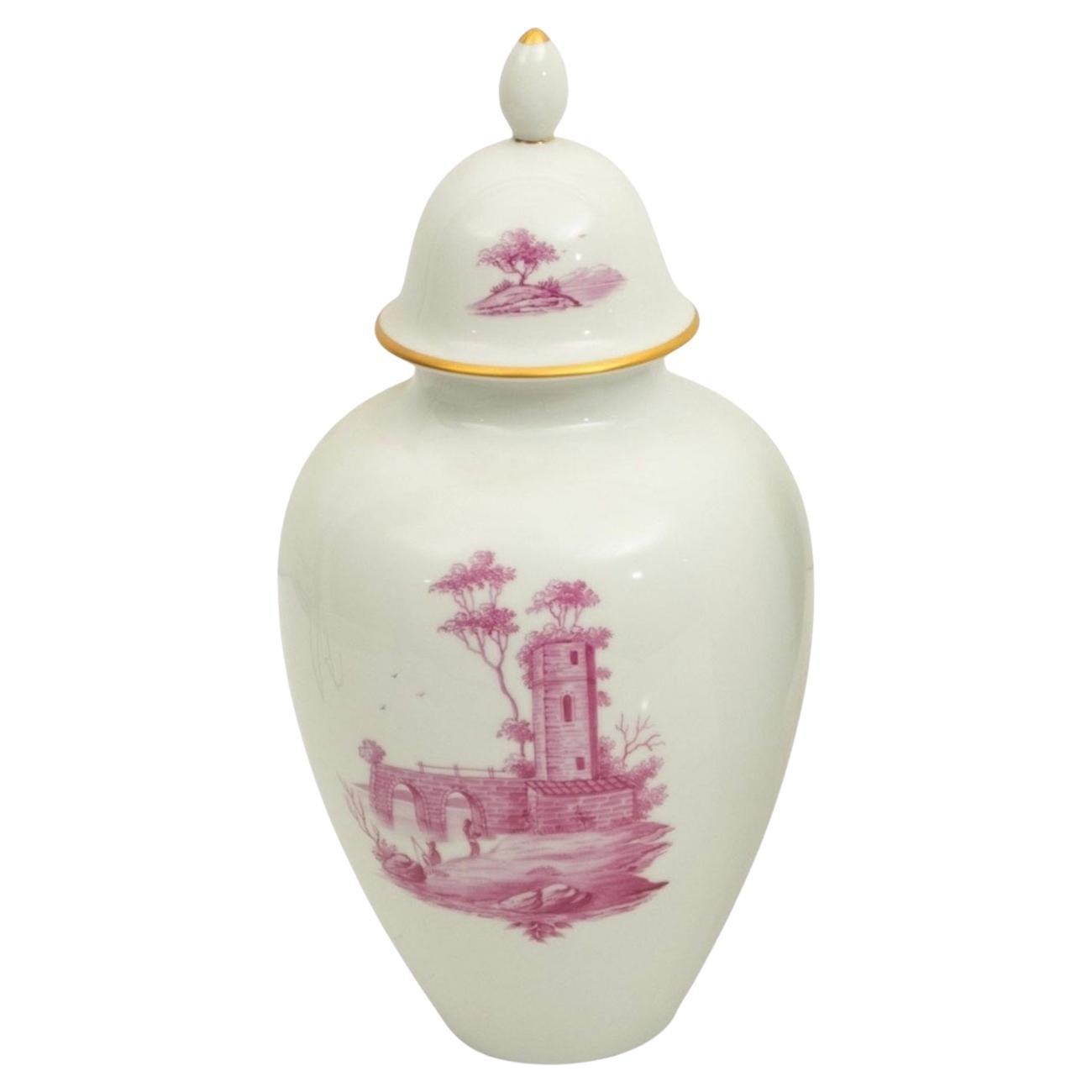 19th Century Porcelain Decorative Urn with Hand-Painted Puce Landscapes, Germany For Sale