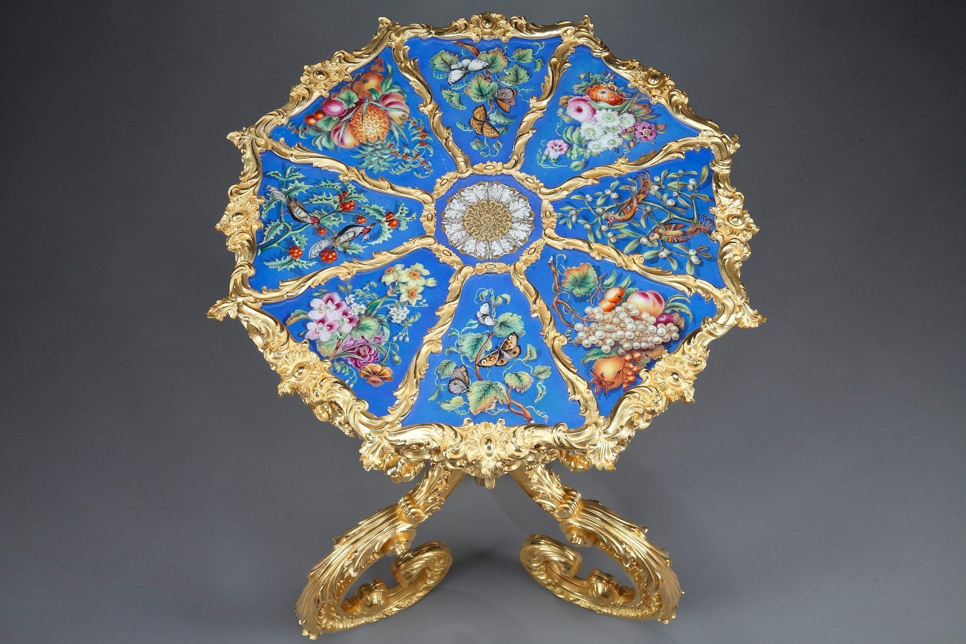 Gilt 19th Century Porcelain Gueridon Table in Rocaille Style For Sale