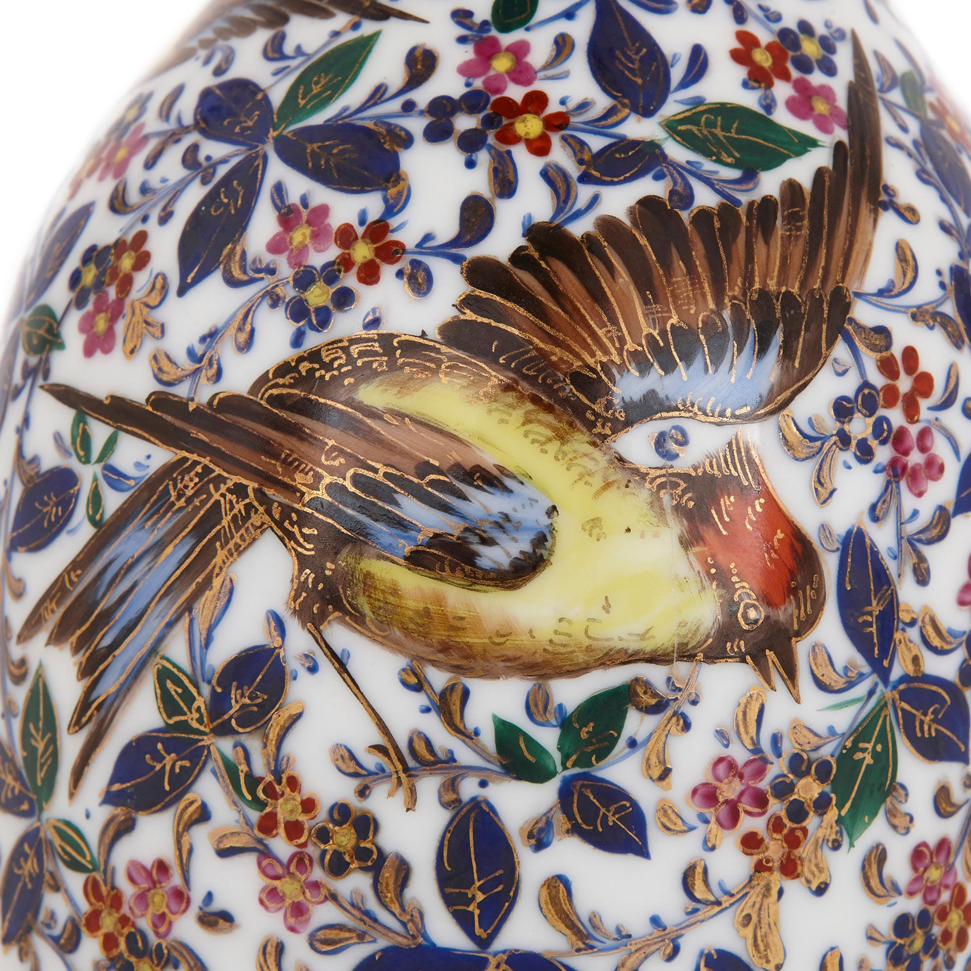 Gilt 19th Century Porcelain Huqqa with Bird Paintings For Sale