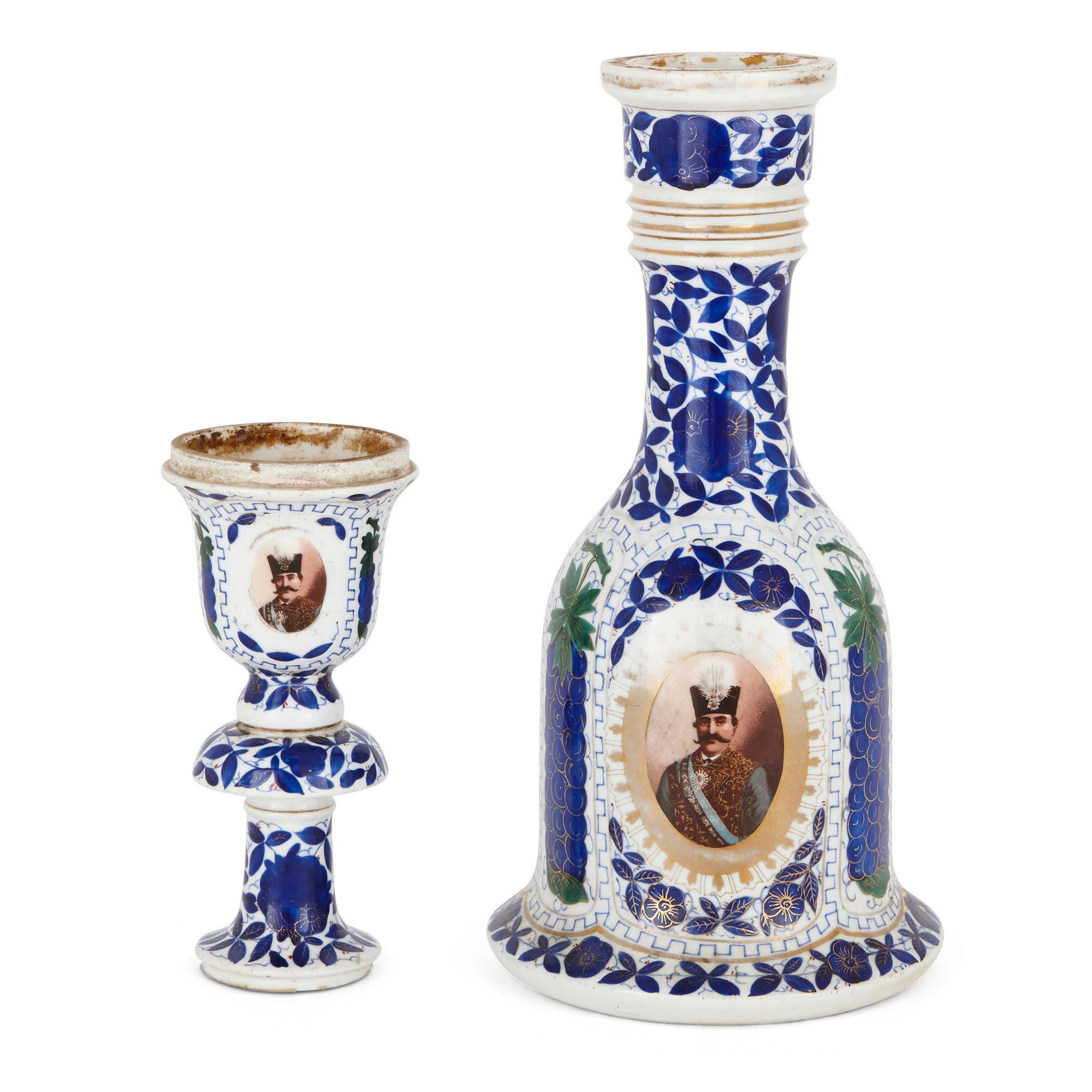 This beautiful porcelain huqqa (or hookah) is of Continental, possibly Russian origin and was created for the Persian market. The item is a historic smoking accessory which is highly collectable. 

The huqqa features a slightly flared cup-shaped