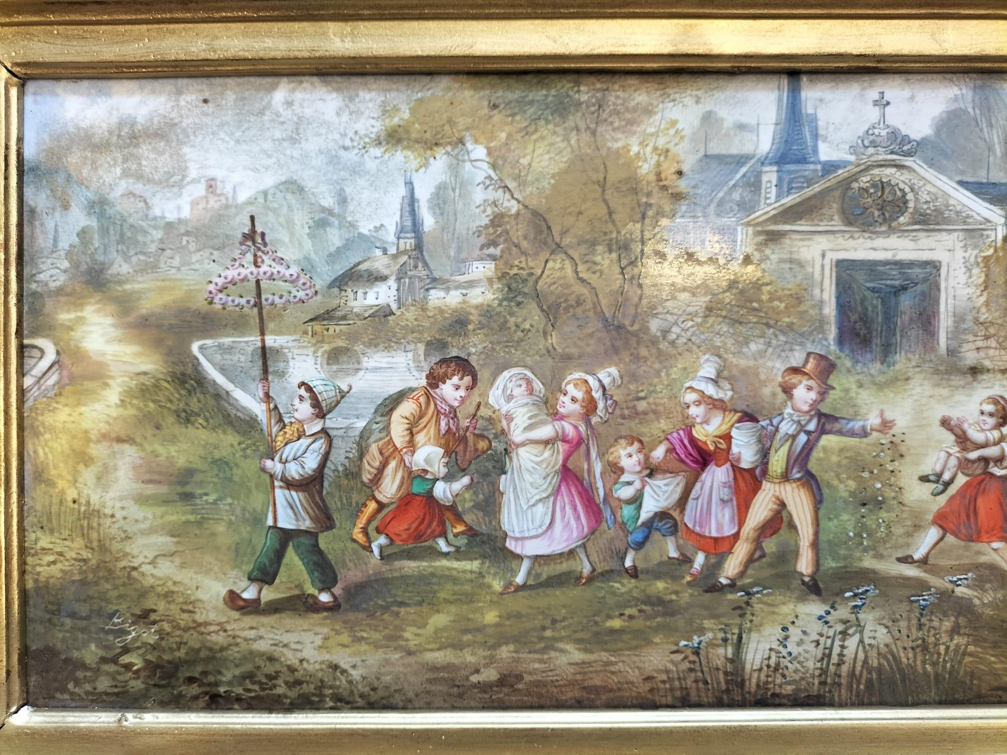 Schöne und große bemalte Porzellanplakette, die eine Gruppe lachender Figuren in einem Dorf in einem hölzernen und vergoldeten Stuckrahmen darstellt. Um 1880.
Guter Zustand, bereit zum Aufhängen.