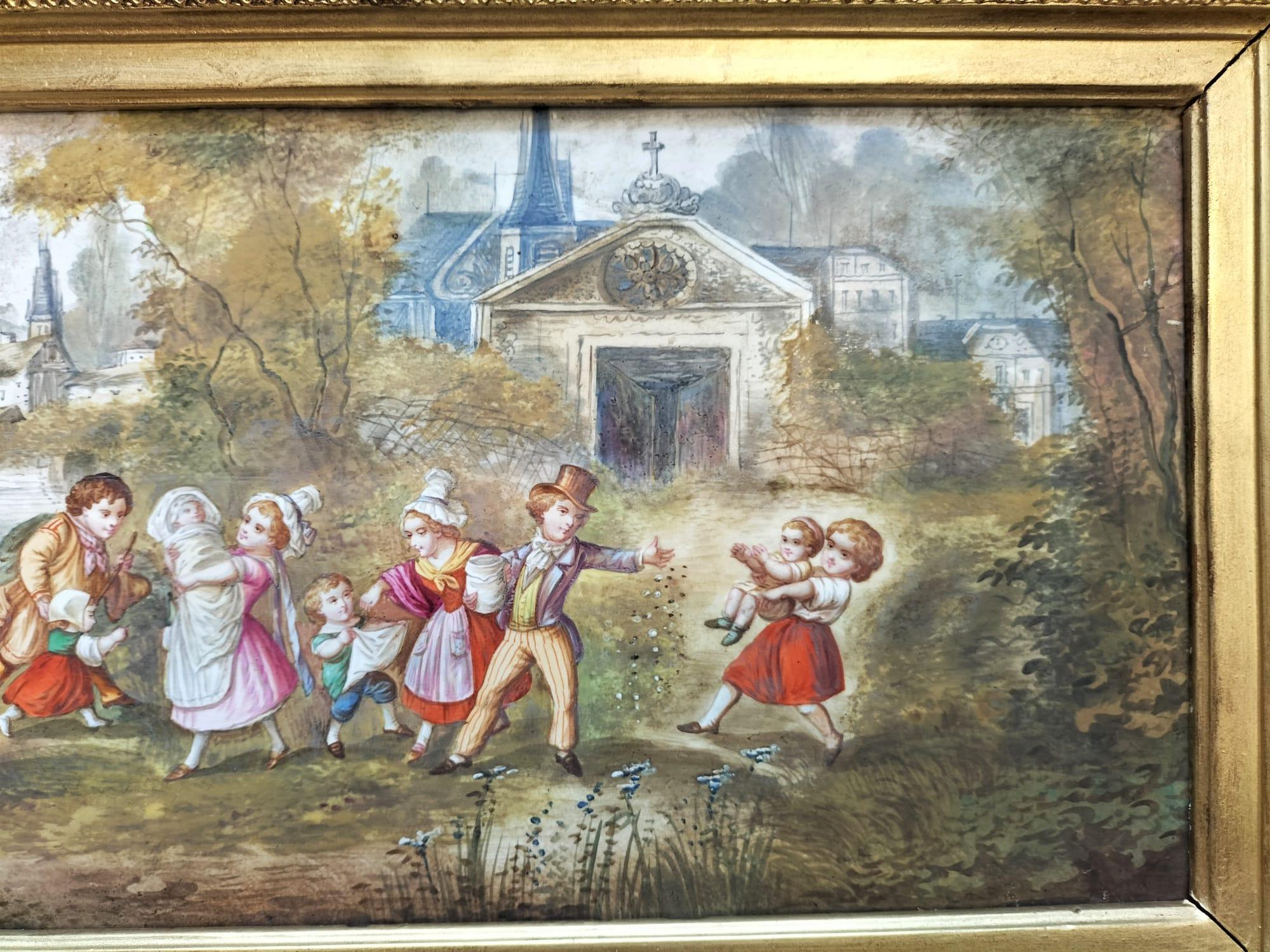 Porzellangemälde des 19. Jahrhunderts in großem vergoldetem Rahmen (Französisch) im Angebot