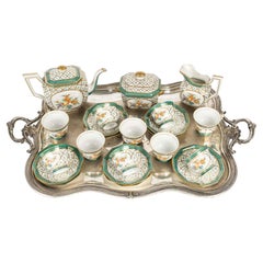 19th Century Porcelain Tea or Coffee Service with Silver-Plated Metal Tray.