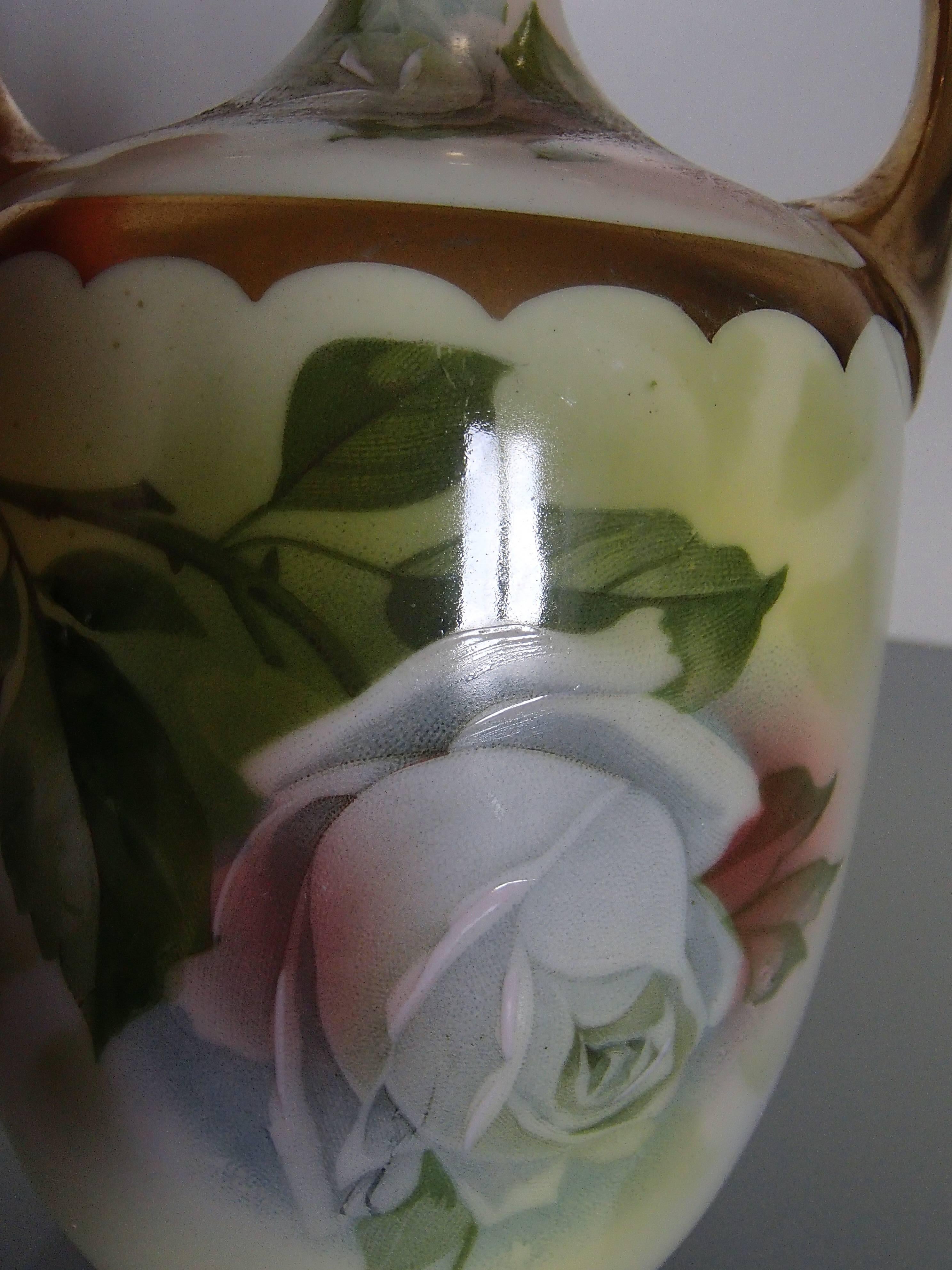 Art Nouveau 19th Century Porcelain Vase with Roses Painting For Sale