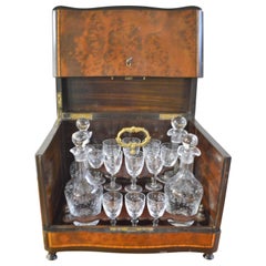 19th Century Portable Bar in a Burled Rosewood Box with Original Crystal Ware