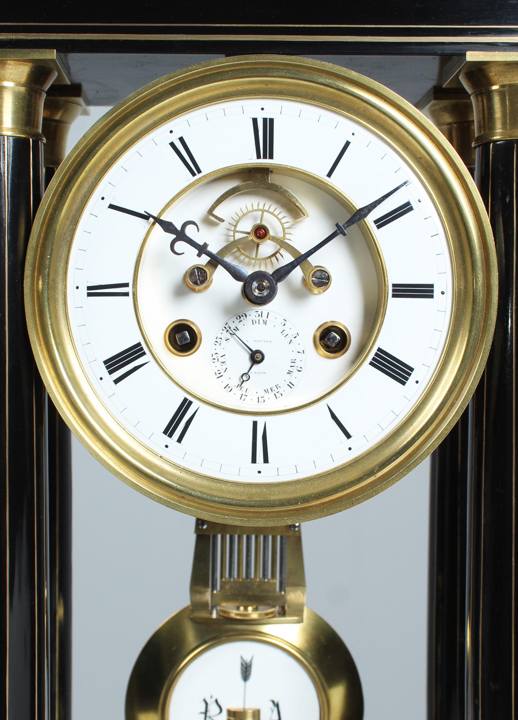 Antique Portal Clock with Date and Open Escapement

France
Wood, brass, enamel
around 1870

Dimensions: H x W x D: 50 x 26 x 16 cm

Description:
Interesting and decorative portal clock with date display.

The case is made of ebonised wood with brass