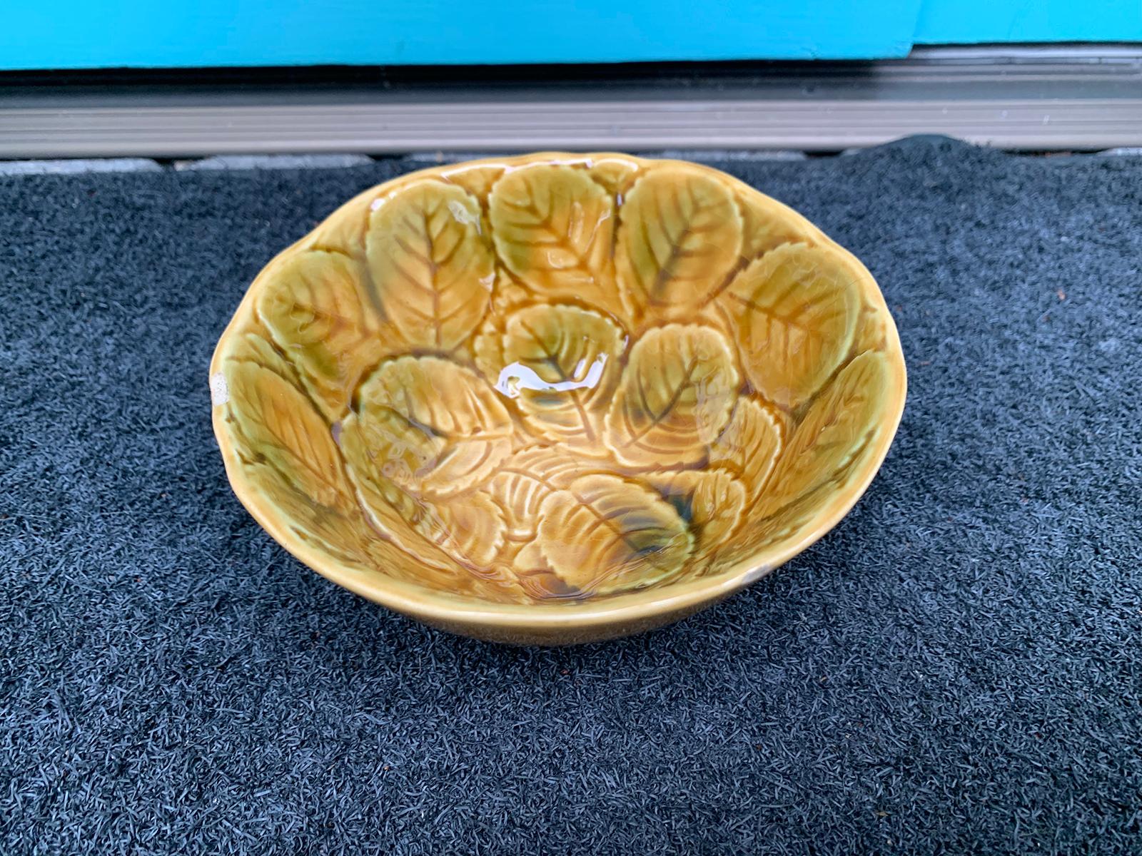 Glazed 19th Century Portieux Vallerysthal Majolica Leaf Bowl, Marked For Sale