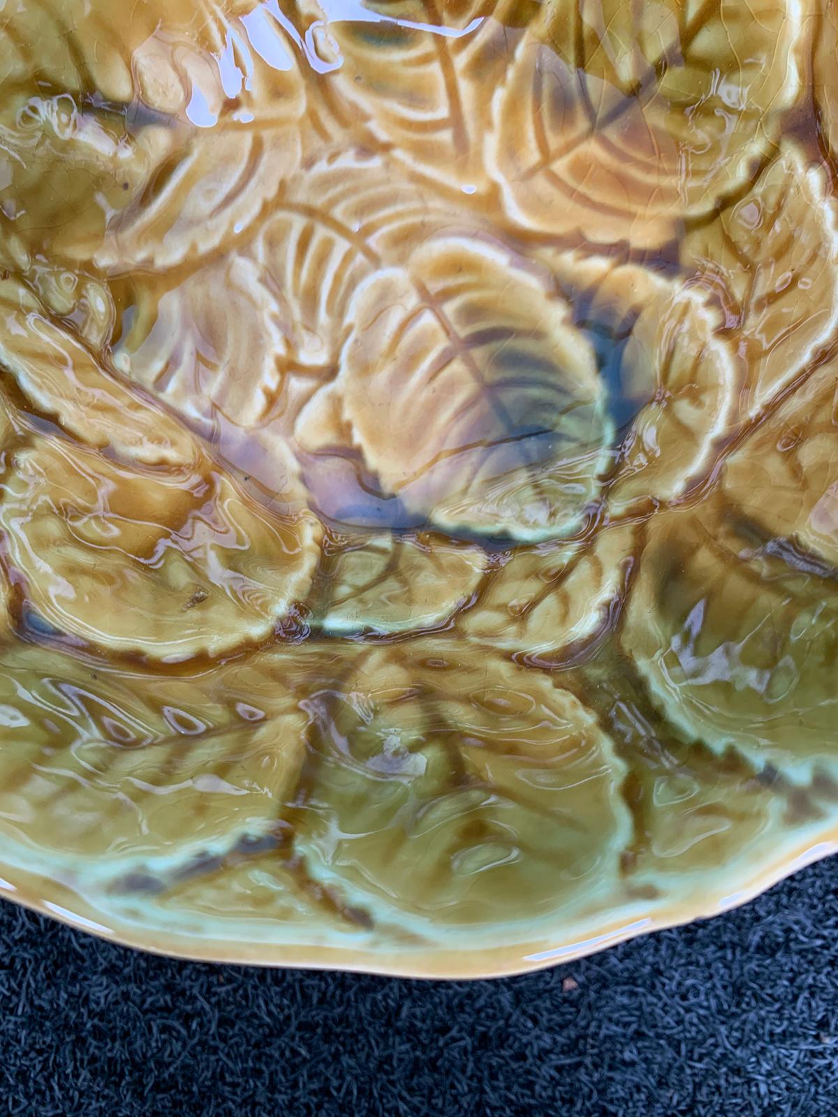 Pottery 19th Century Portieux Vallerysthal Majolica Leaf Bowl, Marked For Sale
