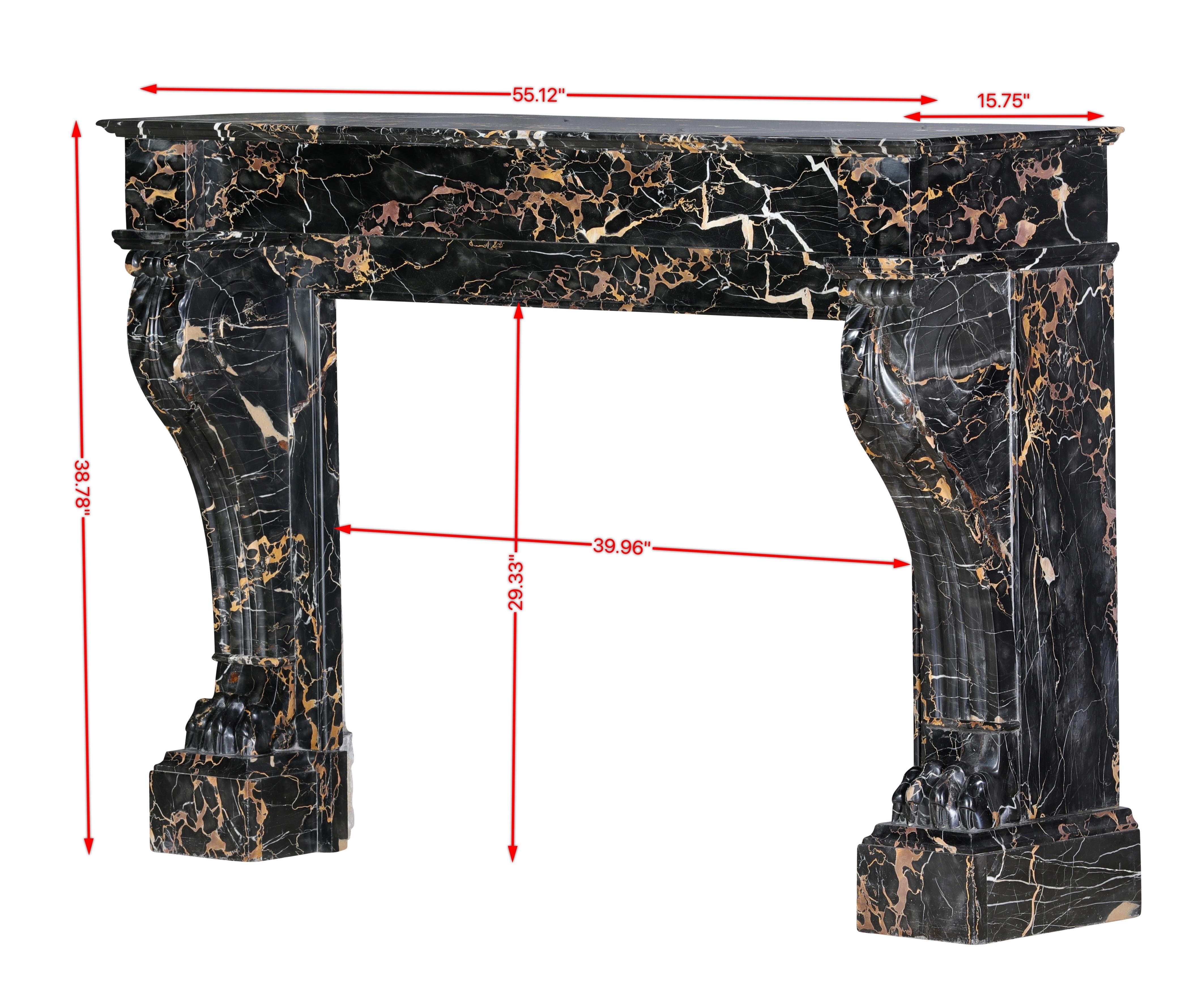 This rare 19th century period, antique, French fireplace surround is masterfully carved from Portor marble, one of the world’s most exclusive and dramatic stones, celebrated for its deep black base enhanced by golden, white, and amber veining.
The