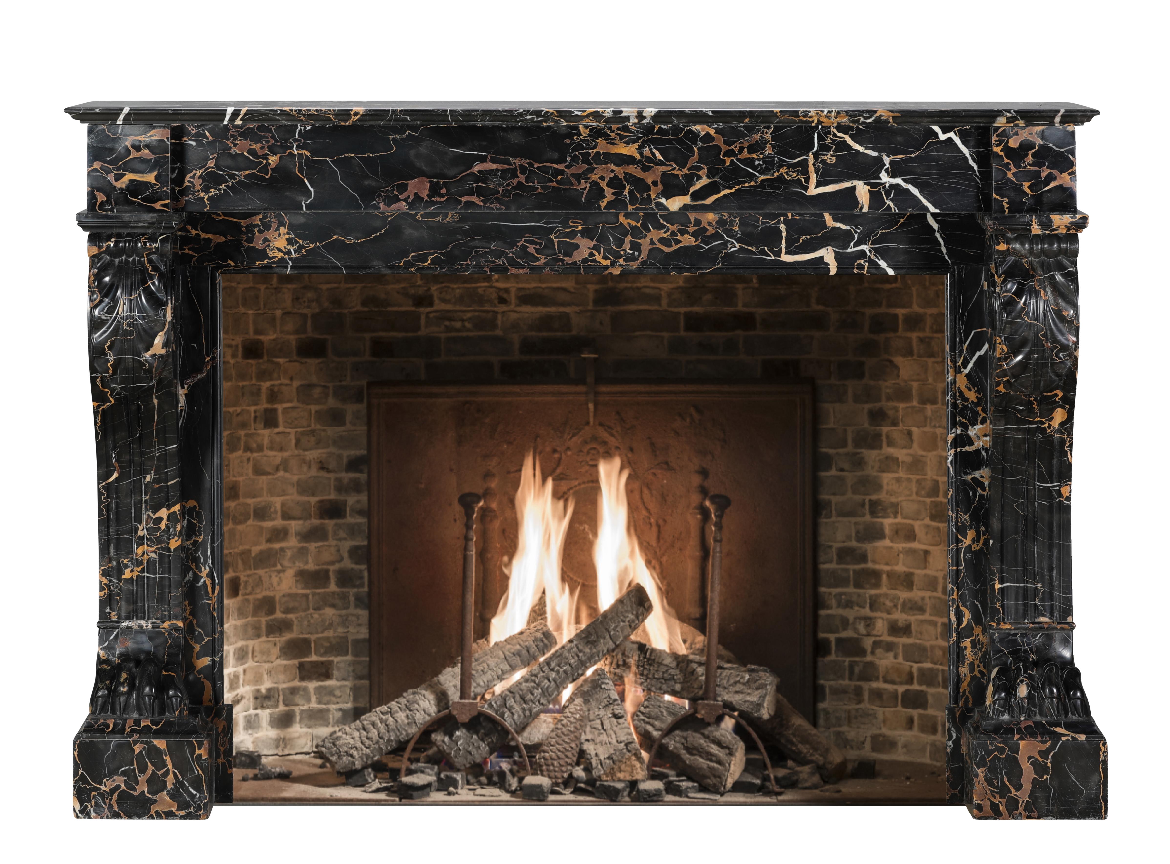 French 19th Century Portor Marble Fireplace Mantel With Lion Paws - Rare Luxury For Sale
