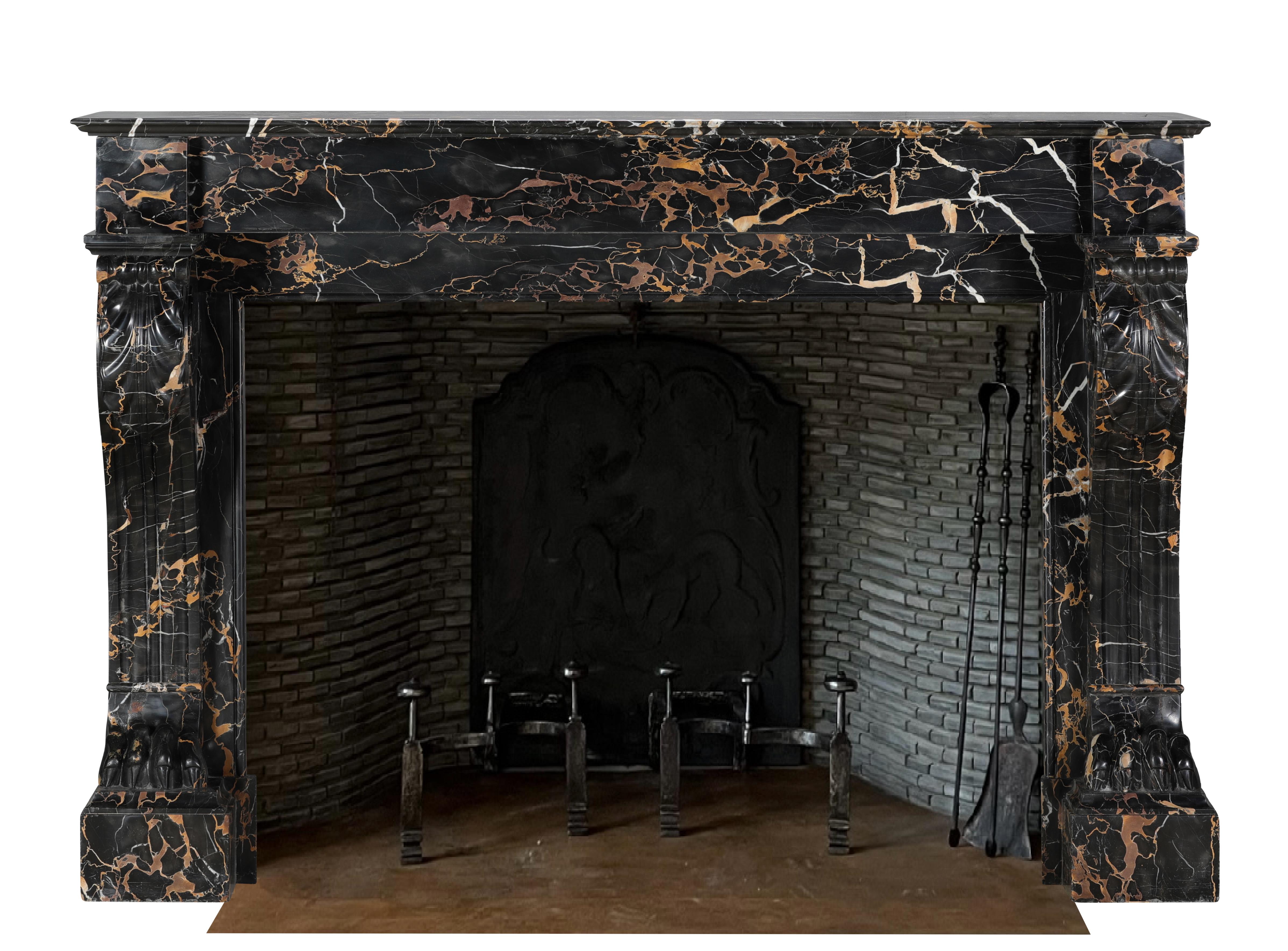 Hand-Carved 19th Century Portor Marble Fireplace Mantel With Lion Paws - Rare Luxury For Sale