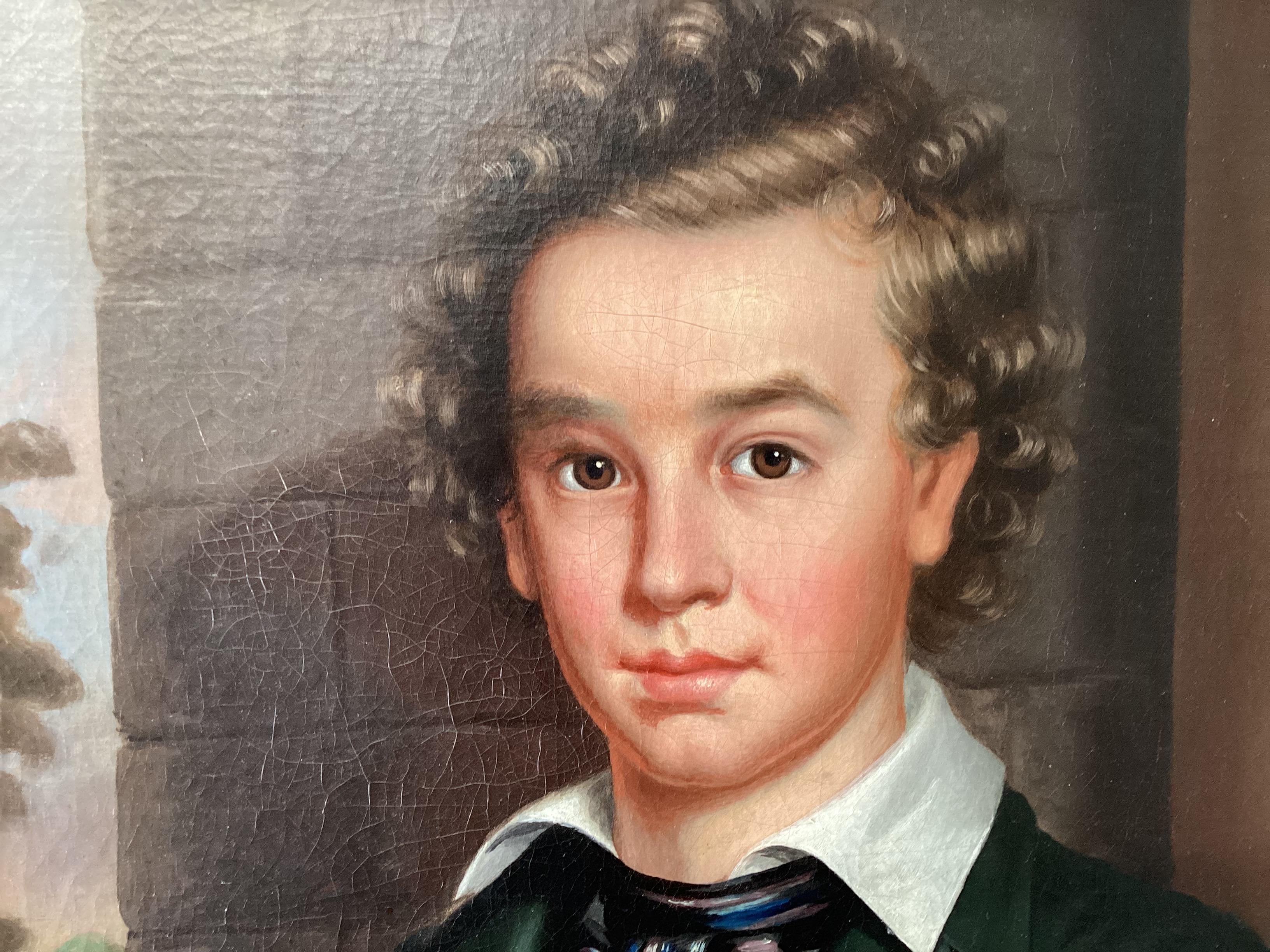 Portrait ancien d'un garçon et de son chien, vers 1850. La peinture représente un jeune arc avec son chien, portant une veste vert émeraude ; scène intérieure avec son cerceau et sa canne à la main,  36 pouces de haut, 29 pouces de large dans un