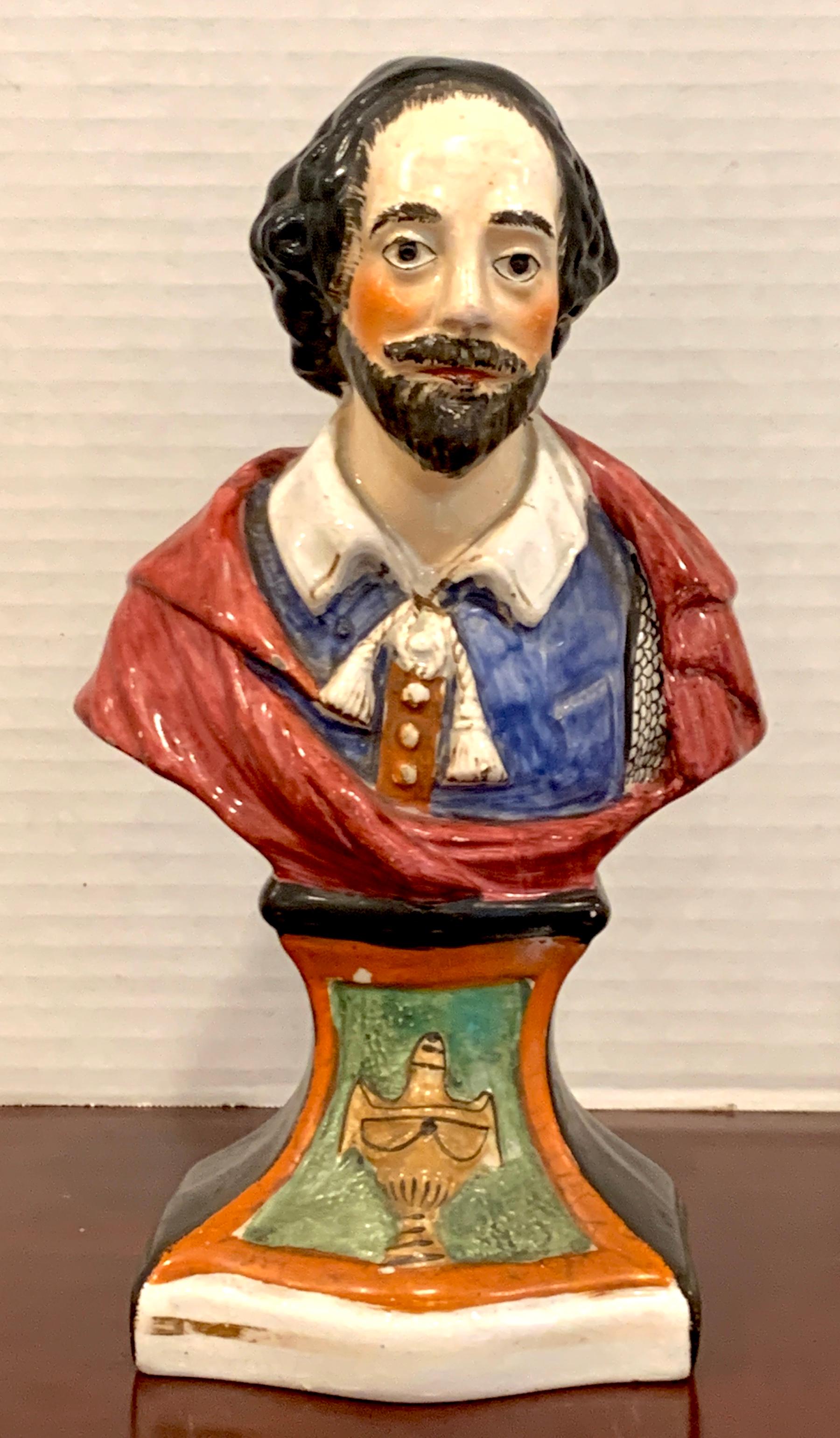 19th century portrait bust of William Shakespeare, Vividly painted, a striking portrait of the English playwright, poet, and actor. Raised on a pedestal base with a neoclassical urn.
Shakespeare. Measures: 4.5/3 6 W x 10 H.