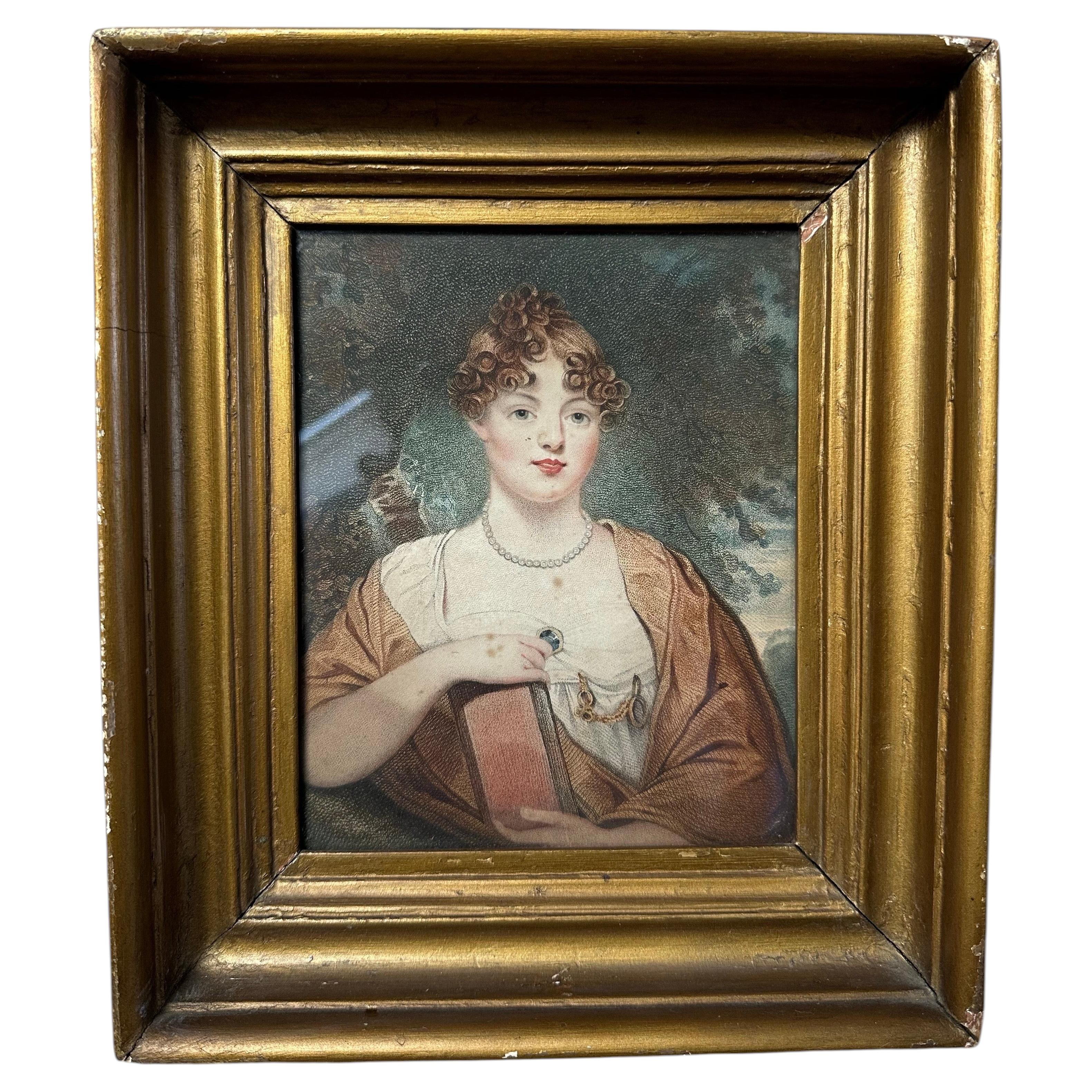 19th Century Portrait Giltwood, Engraving Etching of Woman, Gilded Frame, Regent For Sale