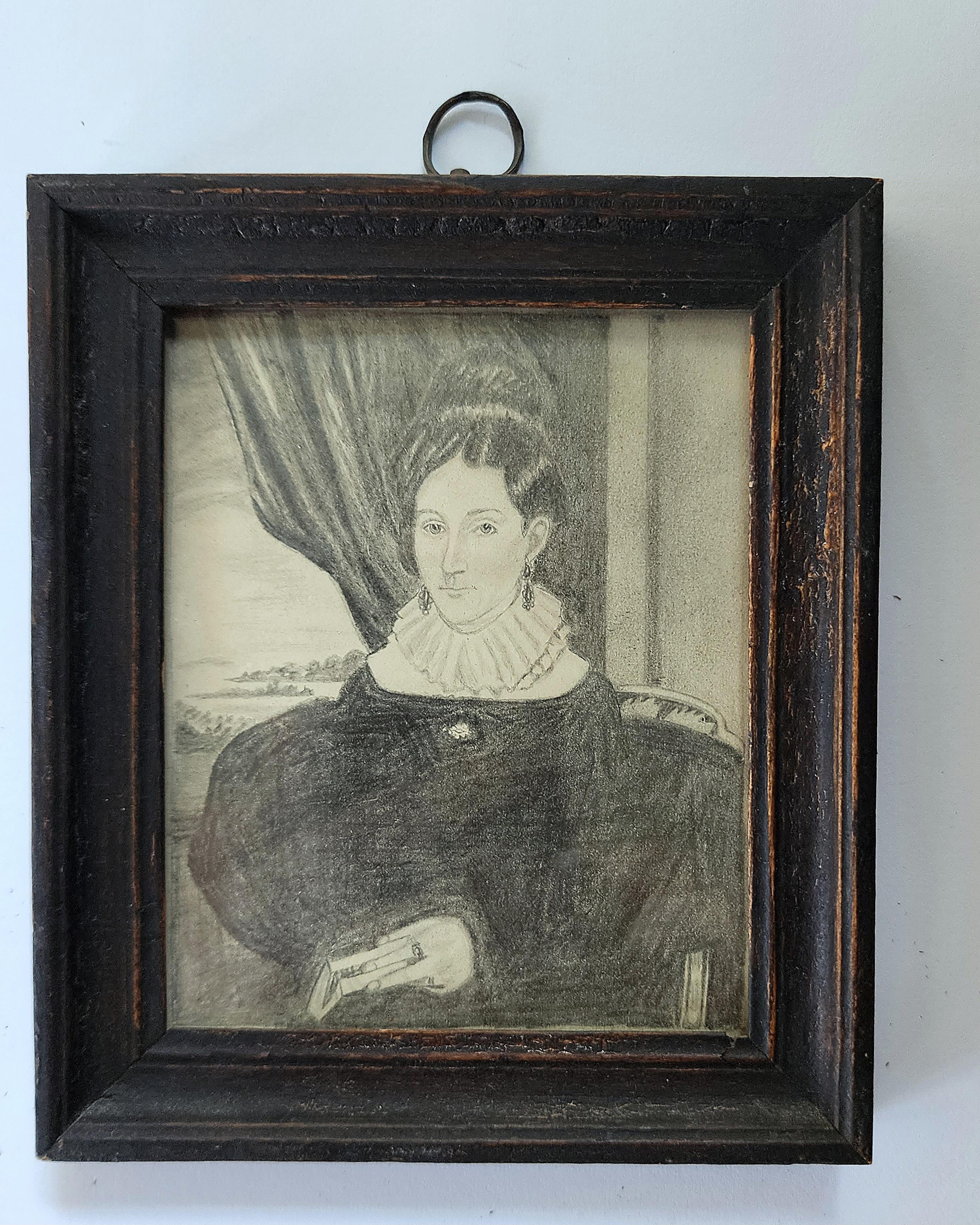  Portrait Miniature in Graphit Amerikanisch 19. Jahrhundert  (Volkskunst) im Angebot