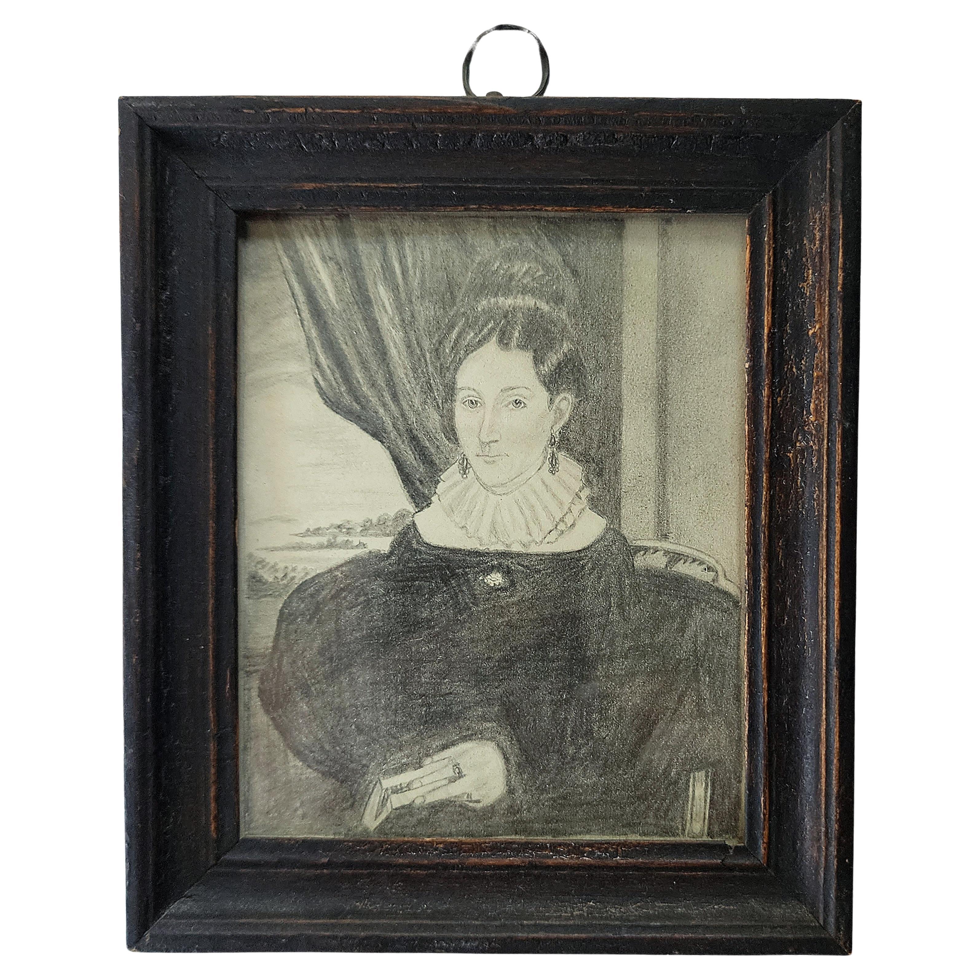  Portrait Miniature in Graphit Amerikanisch 19. Jahrhundert  im Angebot