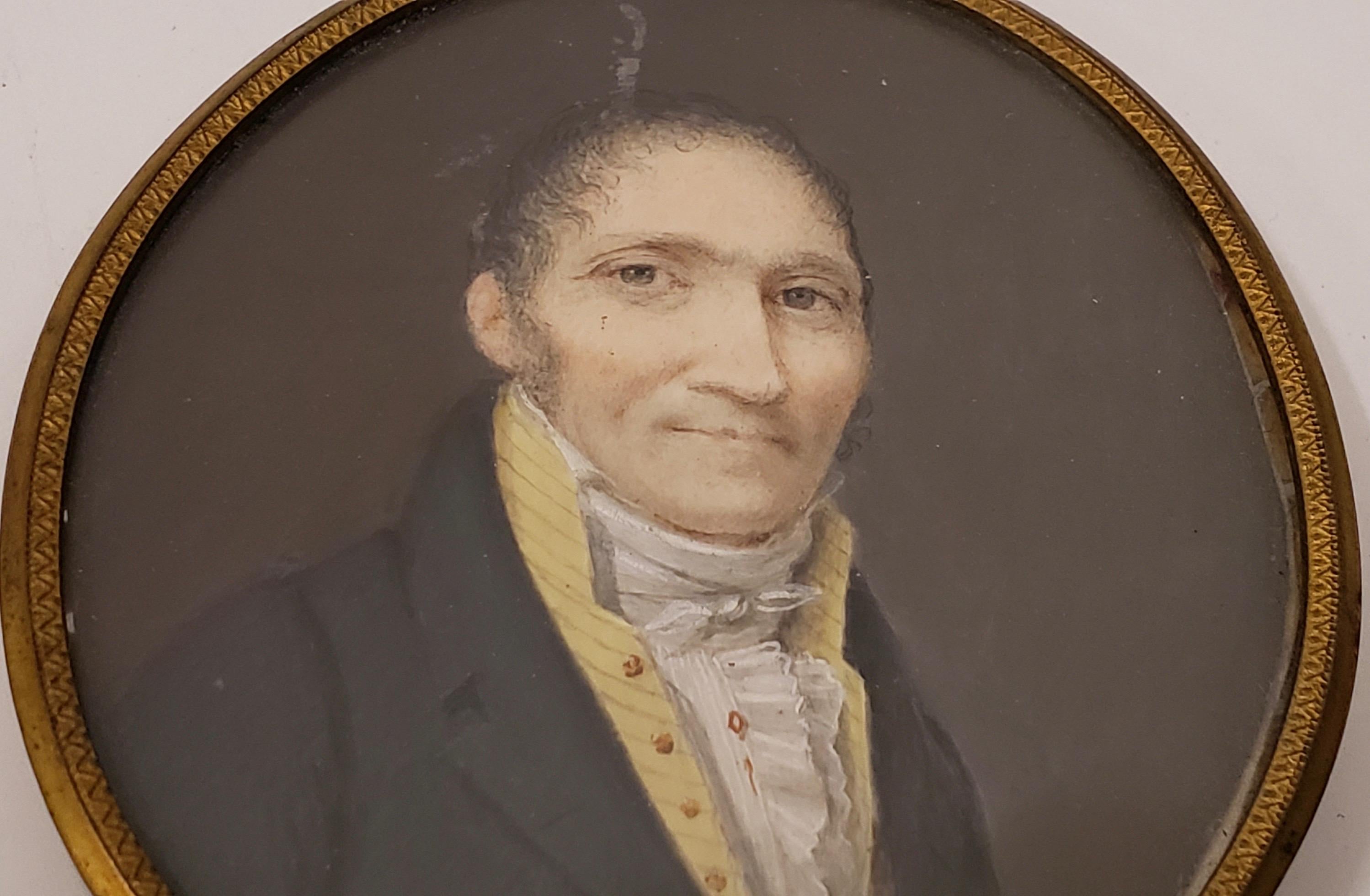 British 19th Century Portrait Miniature of a Man with a Yellow V-Neck Collar For Sale